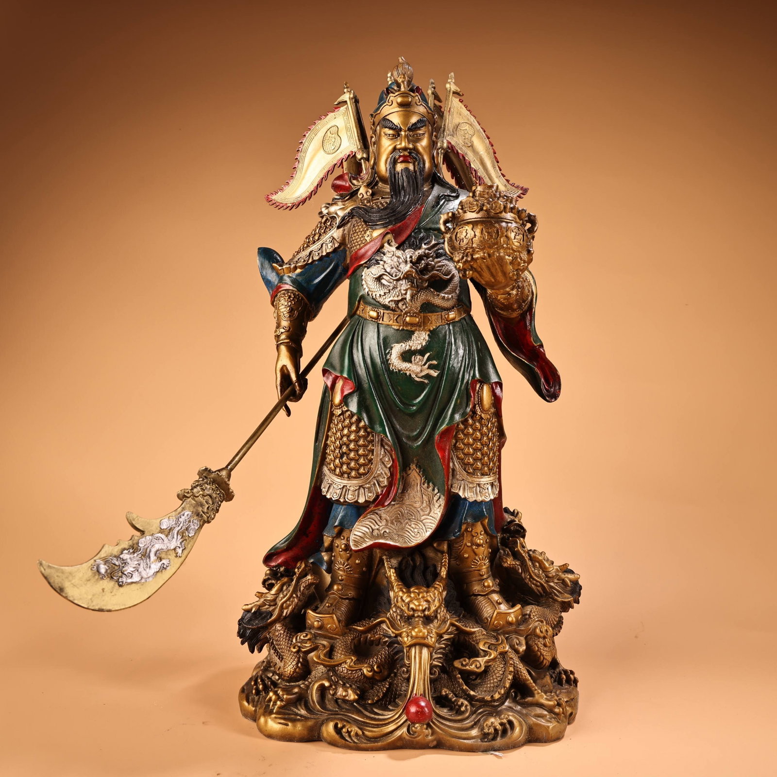 A Solemn Bronze Painted Gold Statue of Guangong: A Solemn Bronze Painted Gold Statue of Guangong,Qing Dynasty,China,Size:15.4inx7.5in,Weight:4800g 铜描金关公像,中国清代