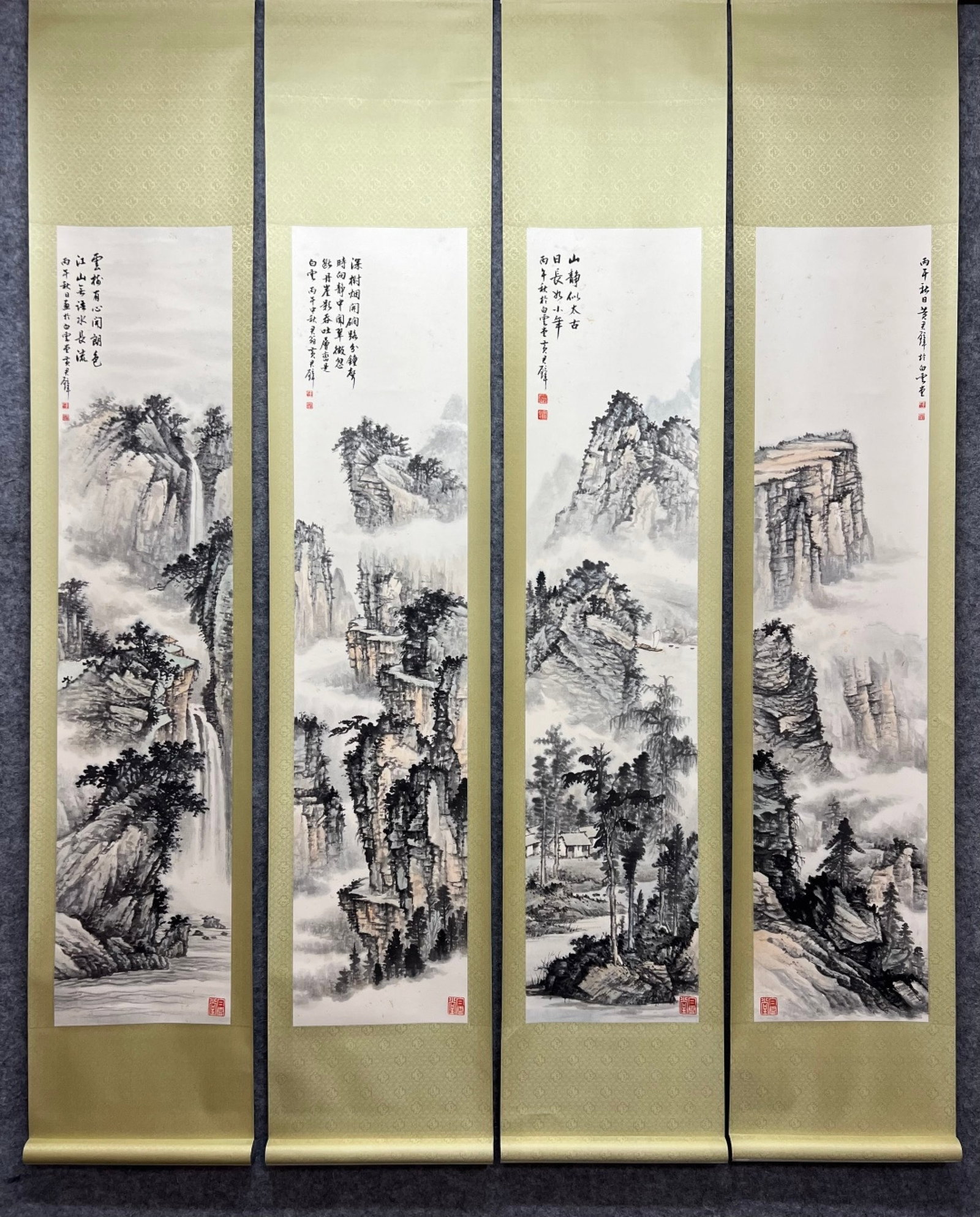 A Set of Chinese Vertical Scroll Ink Painting of Landscape on Paper: A Set of Chinese Vertical Scroll Ink Painting of Landscape on Paper,Huang Junbi,Size:55.5inx12.2in 一套中国水墨山水画立轴,黄