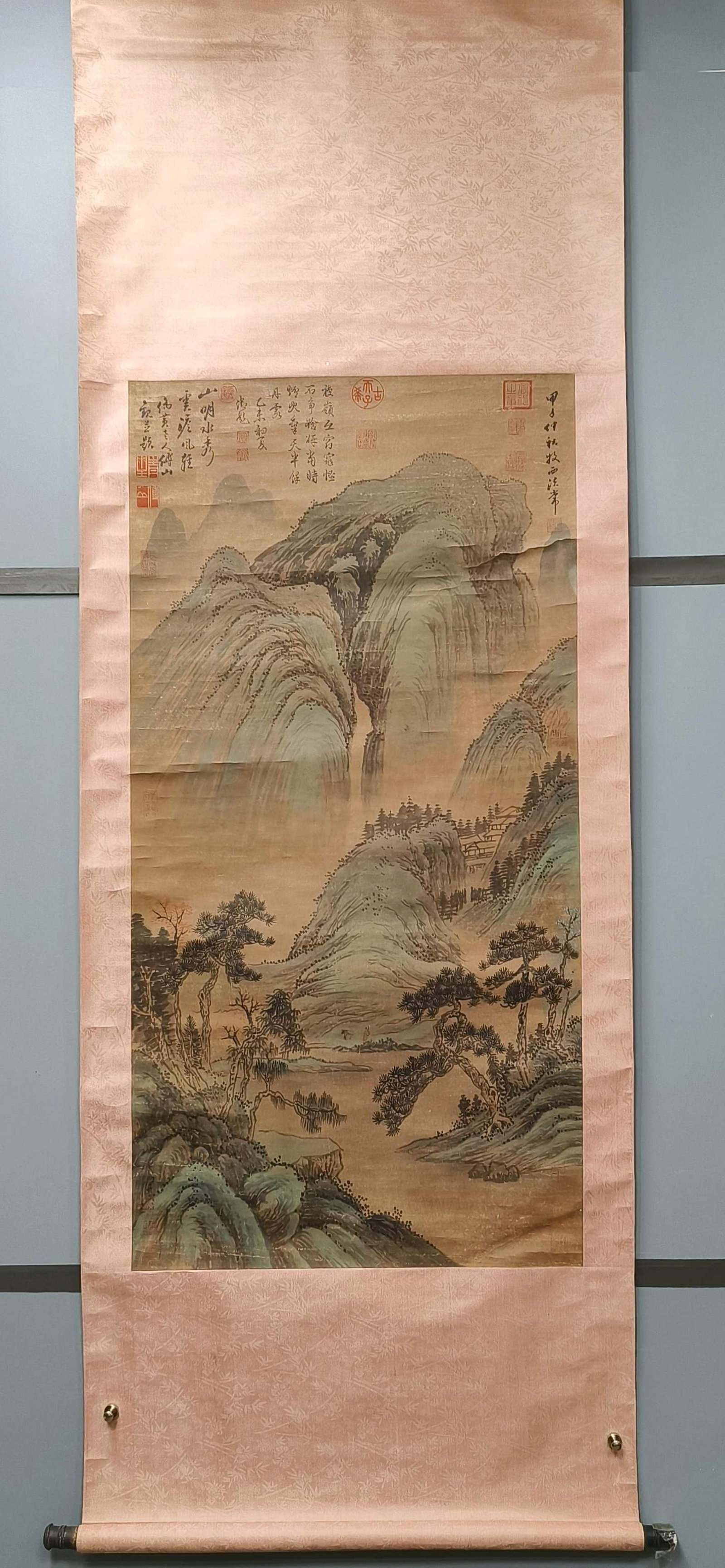 A Chinese Vertical Scroll Ink Painting of Landscape on Paper: A Chinese Vertical Scroll Ink Painting of Landscape on Paper,Wang Ximeng,Size:50inx25.2in