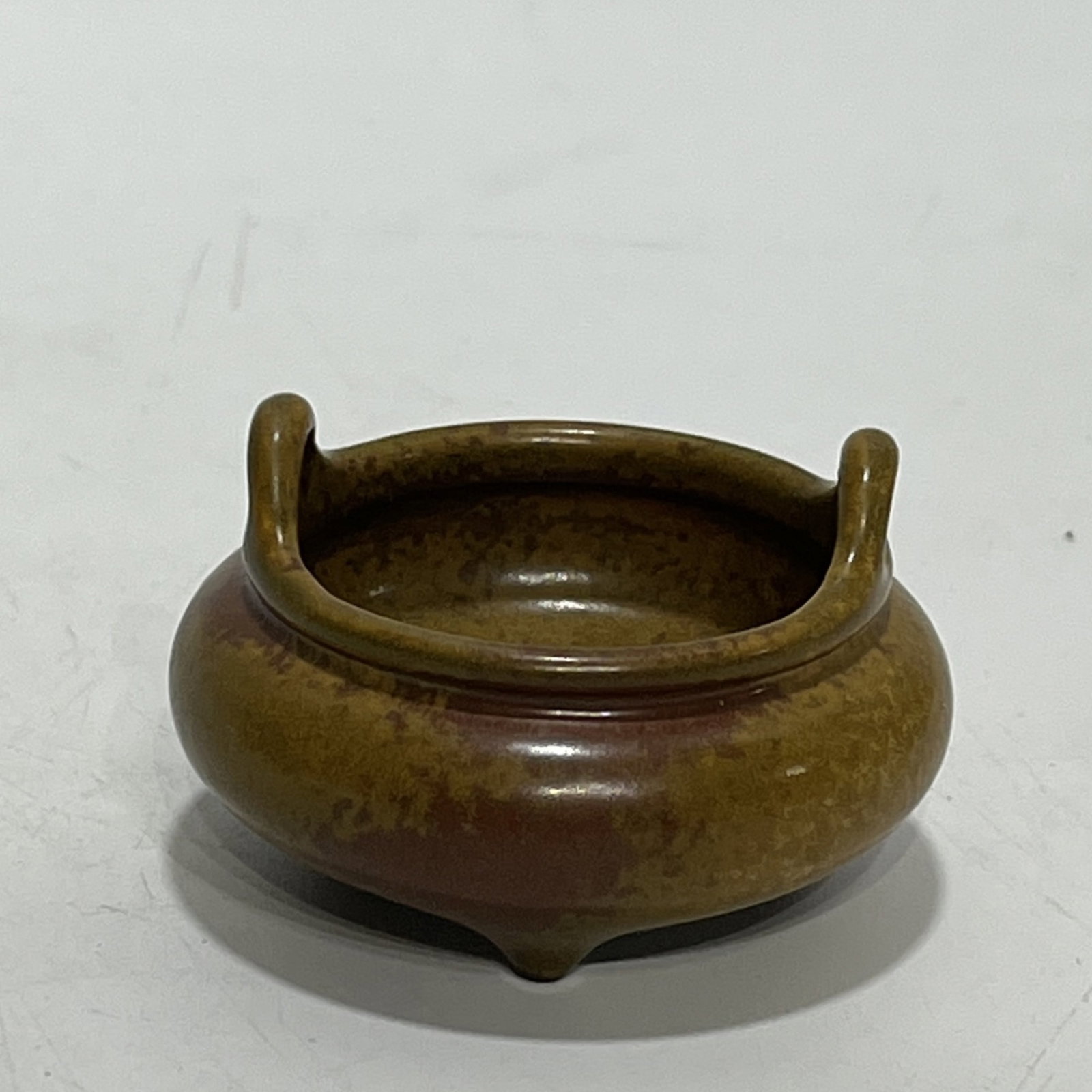 An Exquisite Teadust Glazed Double-Ears Tripod Censer: An Exquisite Teadust Glazed Double-Ears Tripod Censer,Qing Dynasty,China,Qianlong Four-character Mark,Size:1.6in