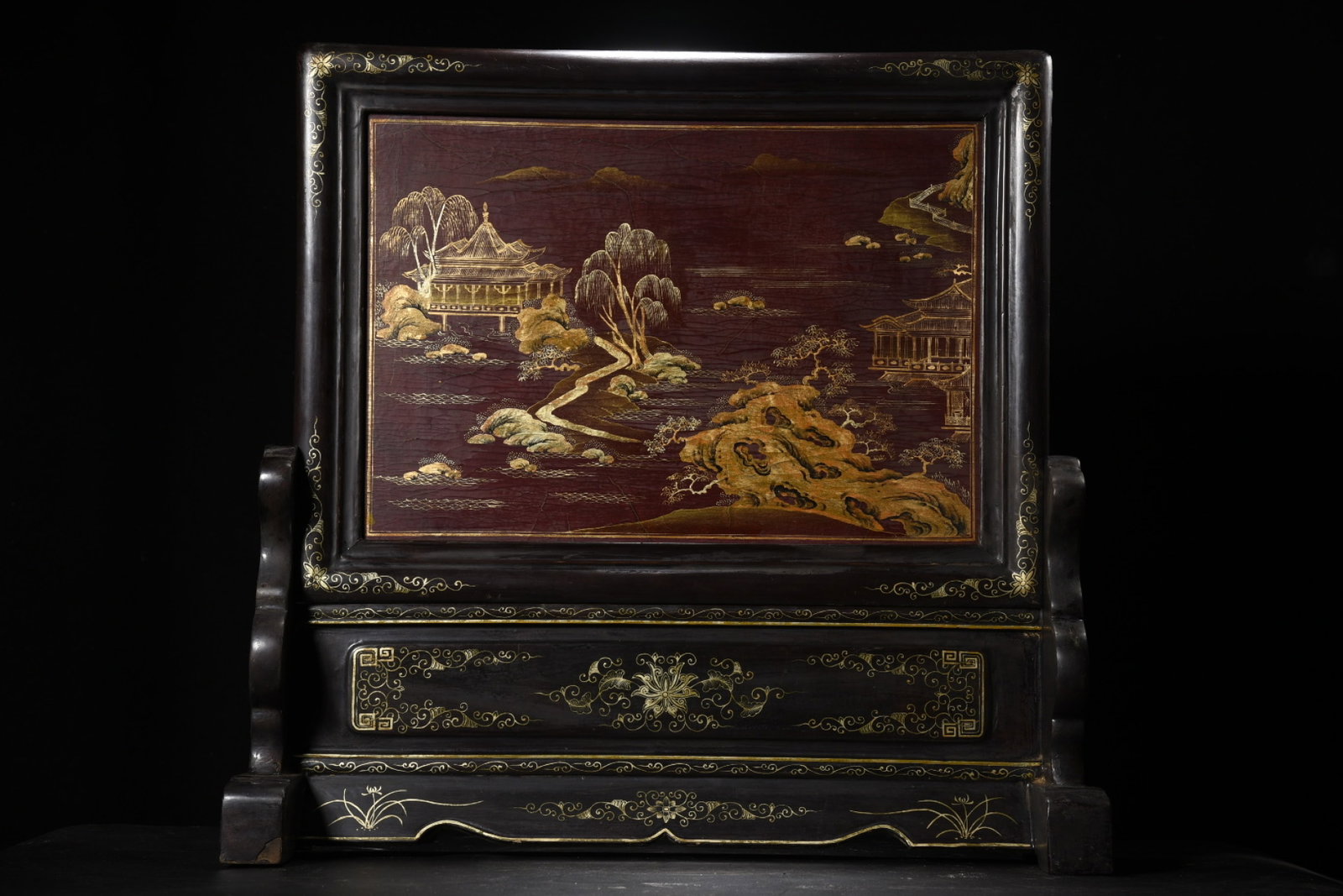 An Exquisite Carved Red Lacquer Painted Gold Landscape Pattern Table Screen: An Exquisite Carved Red Lacquer Painted Gold Landscape Pattern Table Screen,Qing Dynasty,China,Size:25.6inx8.7in,Weight:6030g