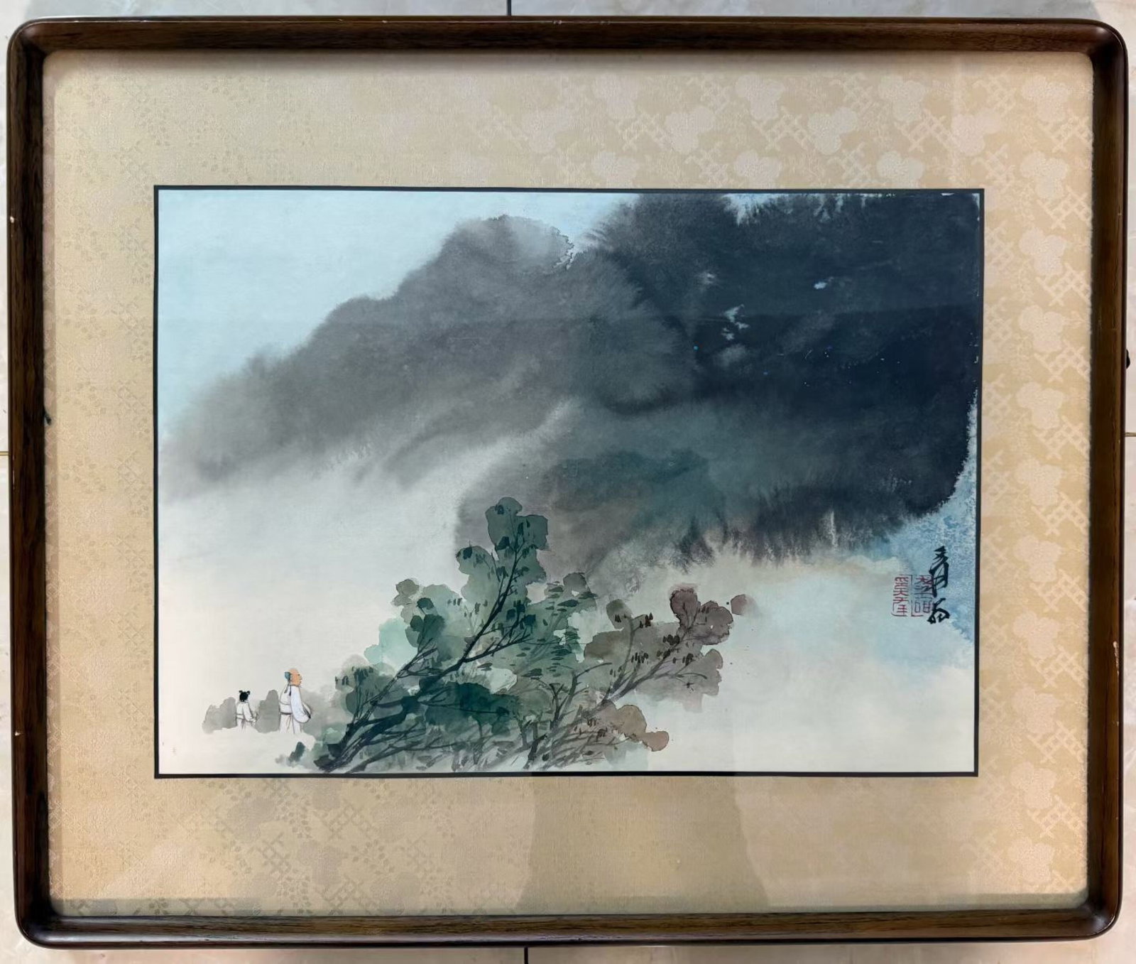 A Chinese Ink Painting of Landscape and Figure on Paper with Frame: A Chinese Ink Painting of Landscape and Figure on Paper with Frame,Zhang Daqian,Size:19.3inx13.8in