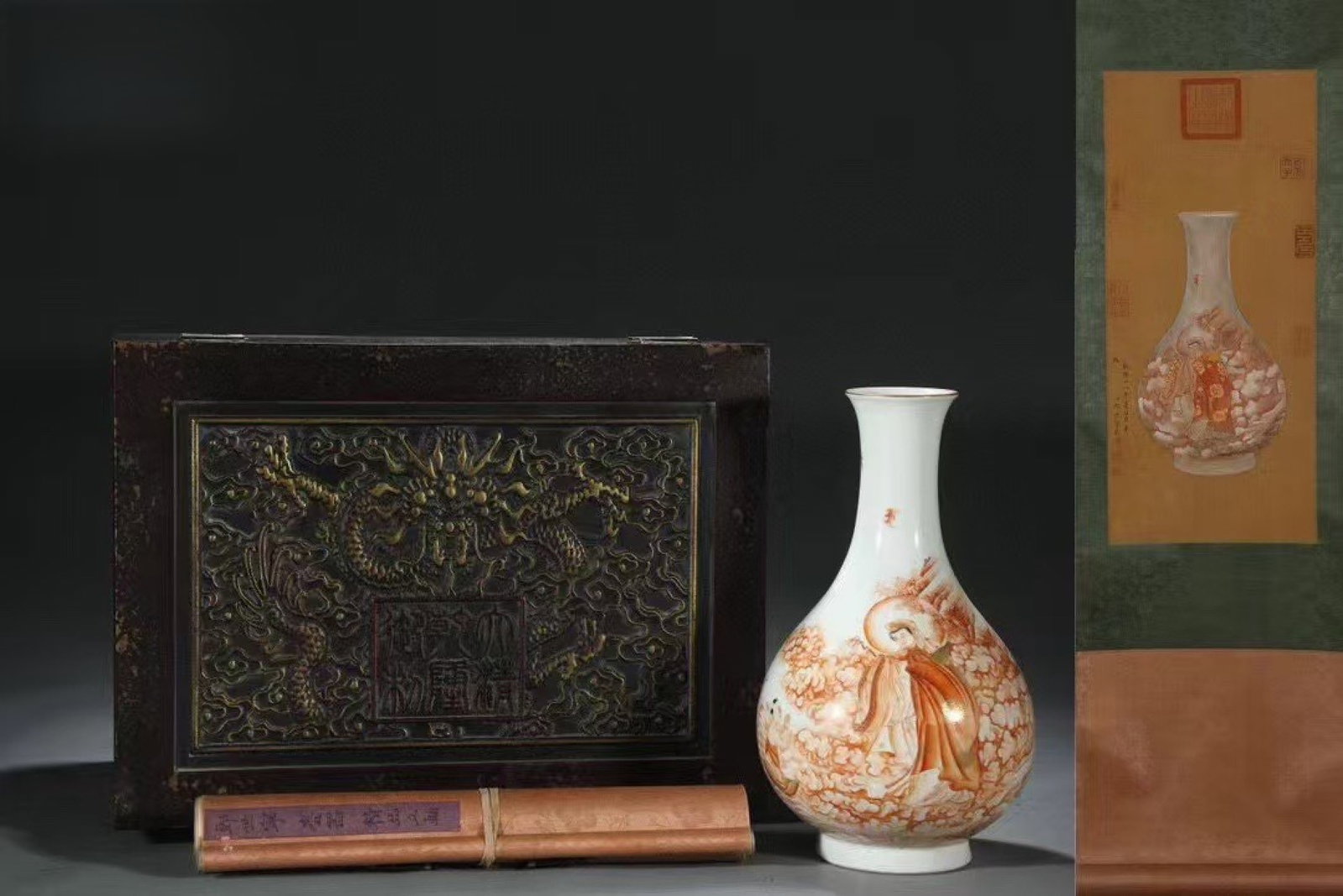 A Rare Iron-Red Character and Story Pattern Vase,with Chinese Vertical Scroll Ink Painting on Silk: A Rare Iron-Red Character and Story Pattern Vase,with Chinese Vertical Scroll Ink Painting on Silk,Qing Dynasty,China,Yongzheng Six-character Mark,Size:(Without