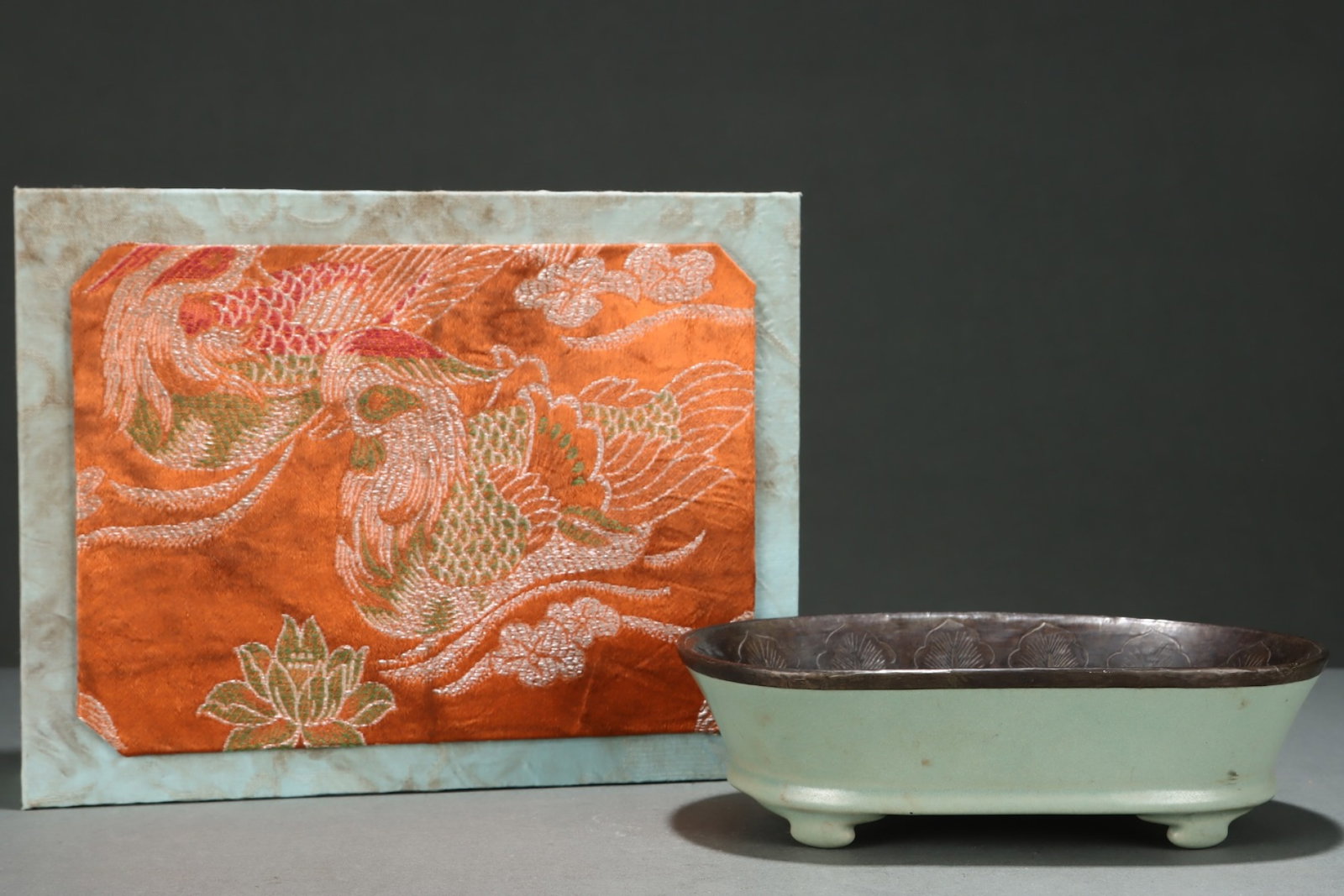 An Exquisite Ru yao Celadon Glazed Cover with Silver Flower and Phoenix Pattern Brush Washer: An Exquisite Ru yao Celadon Glazed Cover with Silver Flower and Phoenix Pattern Brush Washer,Song Dynasty,China,Size:2.7inx9.3in