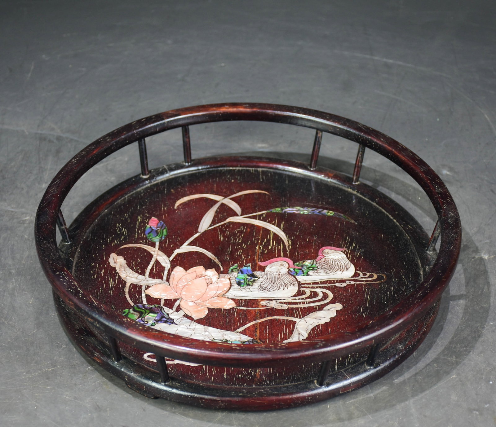 A Rare Zitanwood Inlaid Shell Flower and Mandarin Duck Pattern Plate (1 of 10)