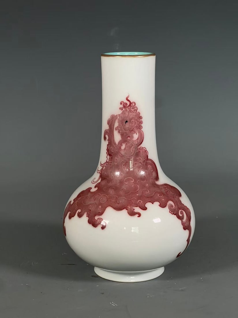 An Exquisite Underglaze-Red Painted Gold Phoenix Pattern Vase: An Exquisite Underglaze-Red Painted Gold Phoenix Pattern Vase,Qing Dynasty,China,Size:8.4inx2inx2.7in 釉里红描金凤纹瓶,中国清代