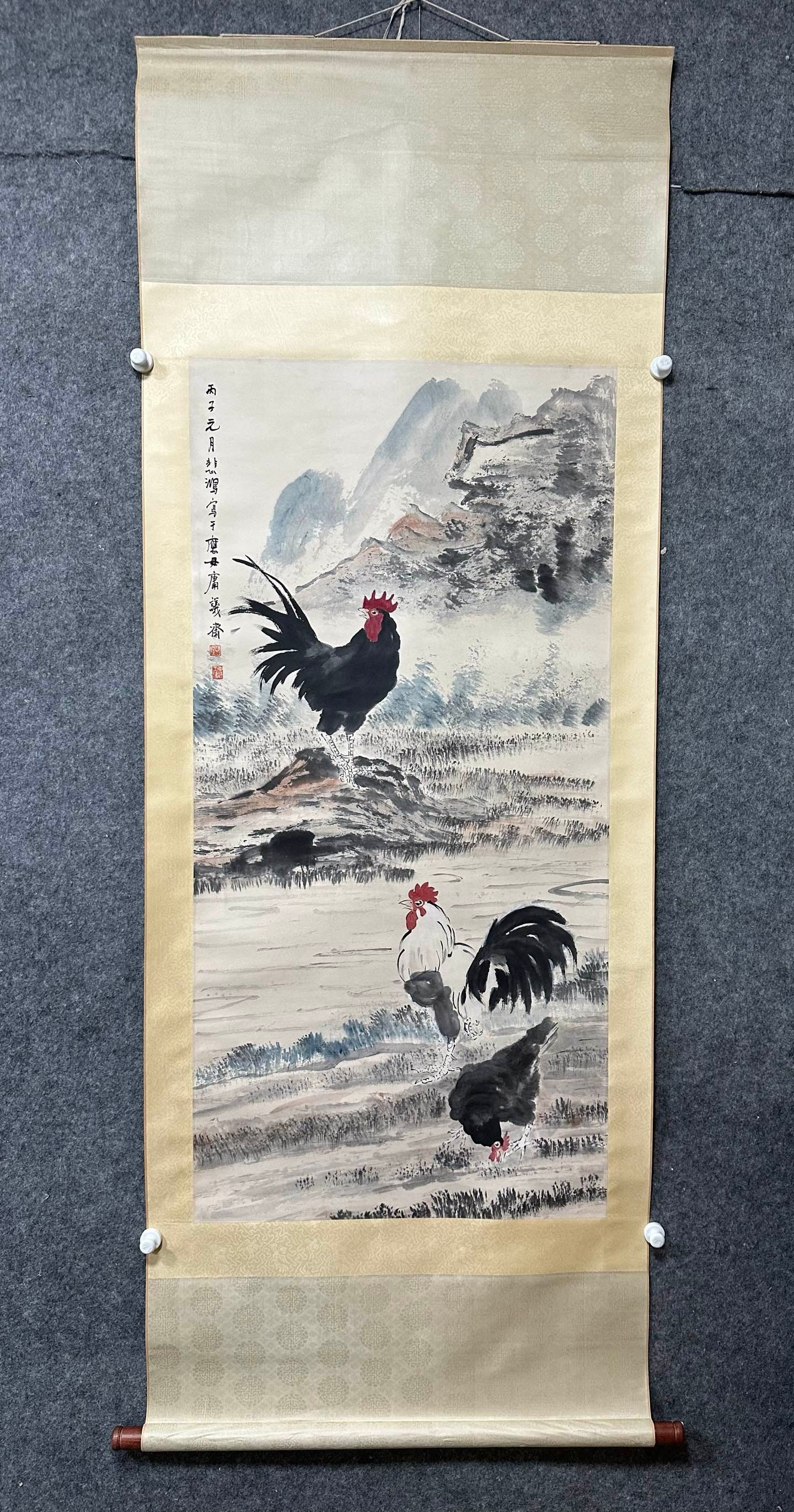A Chinese Vertical Scroll Ink Painting of Rooster on Paper,Xu Beihong: A Chinese Vertical Scroll Ink Painting of Rooster on Paper,Xu Beihong,Size:(Without frame)26.4inx53.7in 一幅中国水墨公鸡图立轴,徐