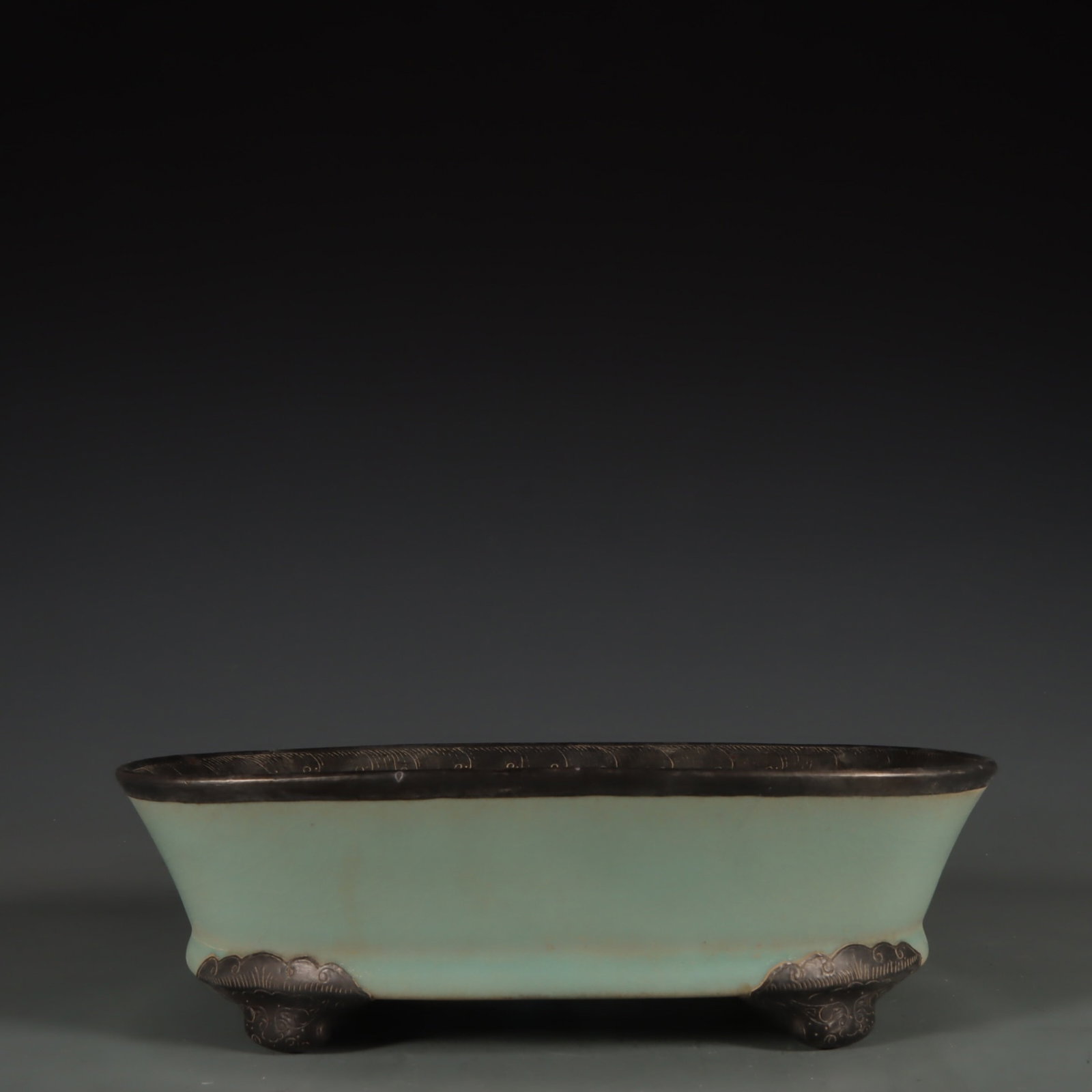 An Exquisite Ru yao Sky Blue Glazed Inlaid Silver Figure Pattern Basin: An Exquisite Ru yao Sky Blue Glazed Inlaid Silver Figure Pattern Basin,Song Dynasty,China,Size:2.8inx9.4inx6.4in
