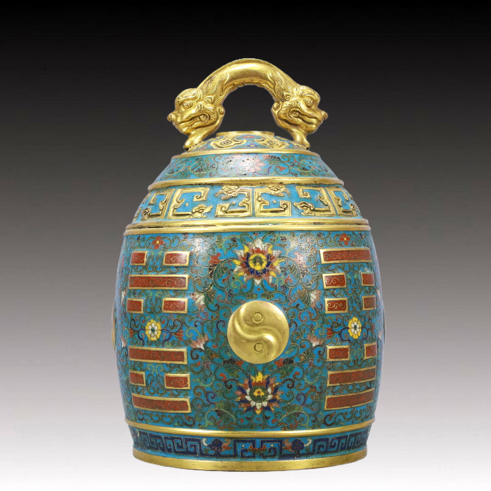 An Exquisite Cloisonne Lotus and Trigram Pattern Chime: An Exquisite Cloisonne Lotus and Trigram Pattern Chime,Qing Dynasty,China,Qianlong Four-character Mark,Size:7.9inx10.2in,Weight:2250g