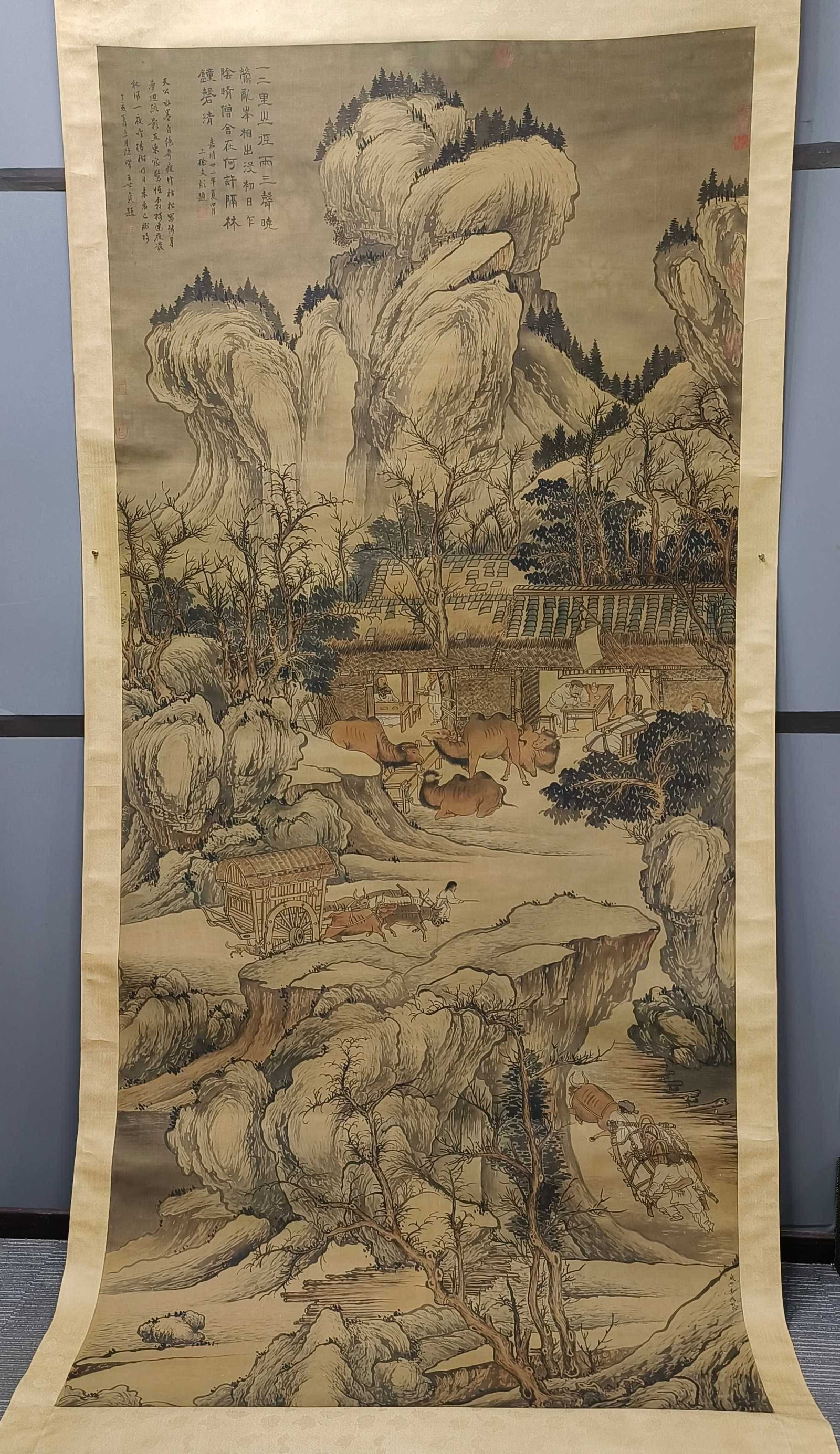 A Chinese Vertical Scroll Ink Painting of Landscape and Figure on Paper: A Chinese Vertical Scroll Ink Painting of Landscape and Figure on Paper,Li Cheng,Size:96.5inx45.7in 一幅中国水墨山水人物画立$