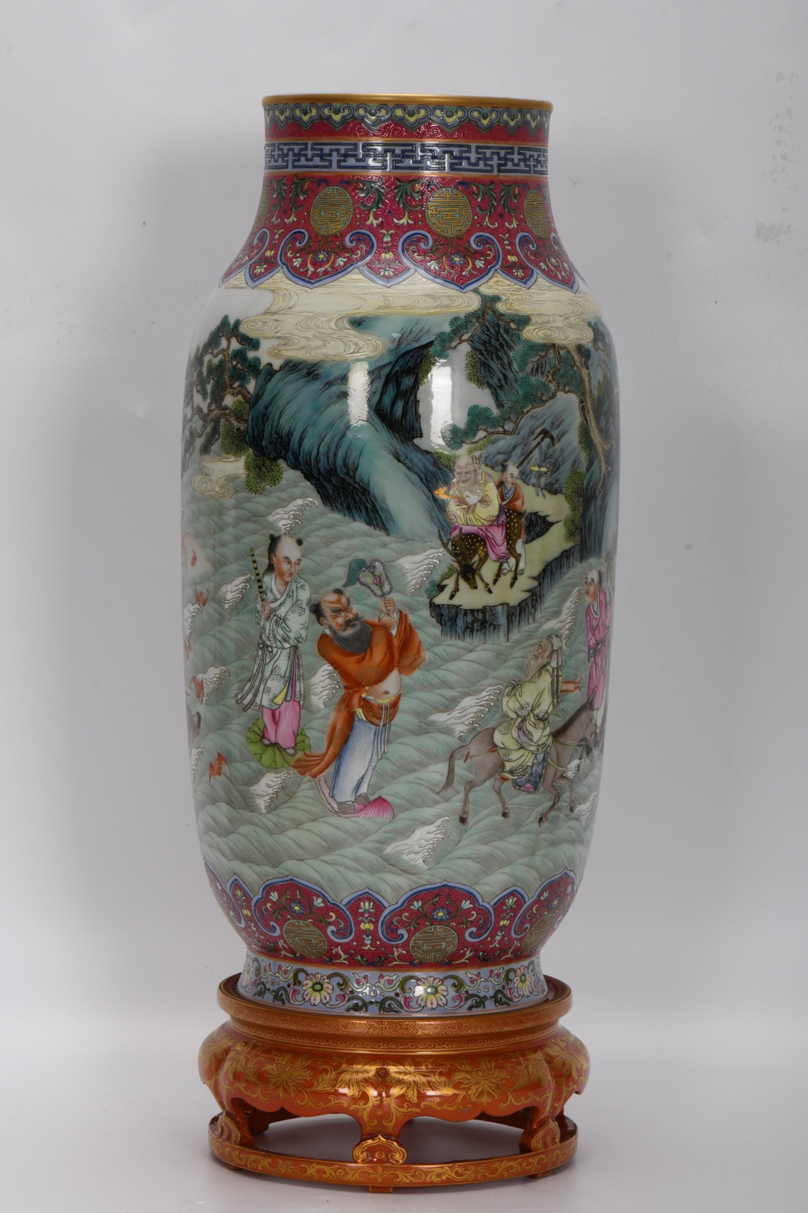 A Huge Enamel Ruby Red-Glazed Character and Story Pattern Vase: A Huge Enamel Ruby Red-Glazed Character and Story Pattern Vase,Qing Dynasty,China,Qianlong Six-character Mark,Size:18.5inx7.8in 珐琅彩胭脂红人物故