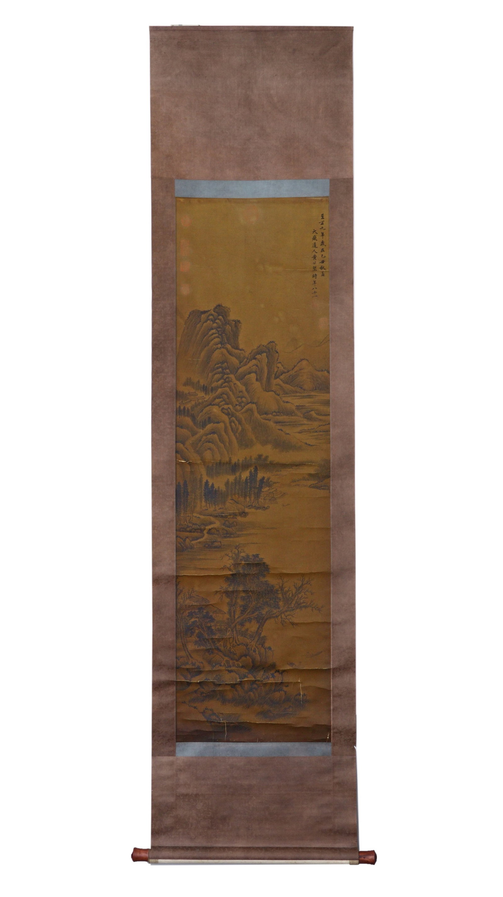A Chinese Vertical Scroll Ink Painting of Landscape on Silk: A Chinese Vertical Scroll Ink Painting of Landscape on Silk,Huang Gongwang,Size:16.1inx55.5in