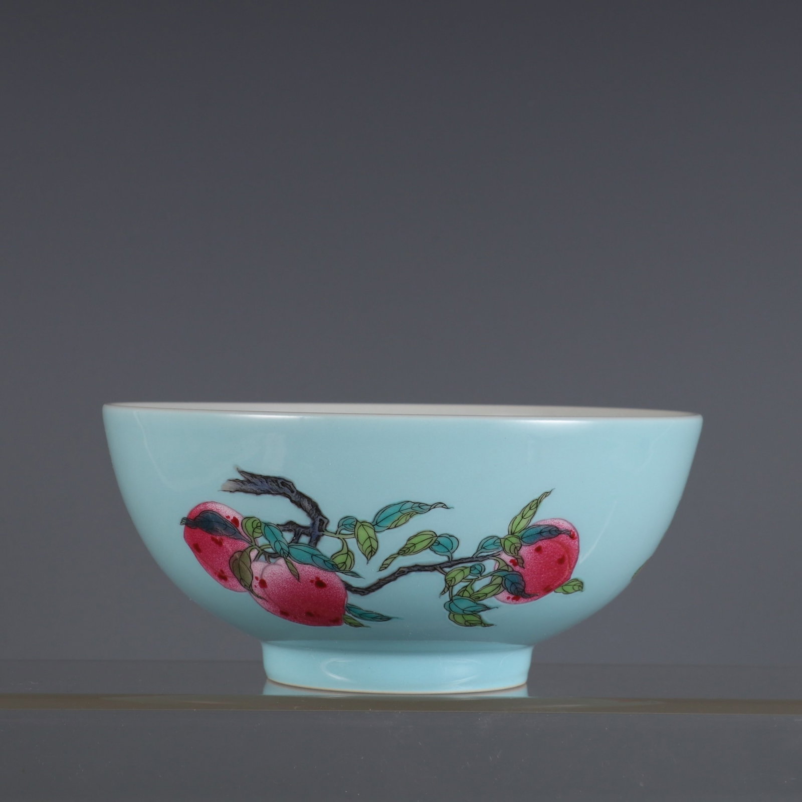 An Exquisite Turquoise Glazed Enamel Peach Pattern Bowl: An Exquisite Turquoise Glazed Enamel Peach Pattern Bowl,Qing Dynasty,China,Yongzheng Four-character Mark,Size:2.8inx6in 松石绿釉珐琅彩桃子纹