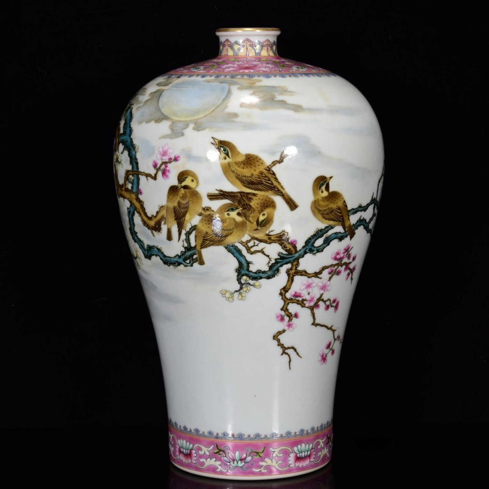 A Rare Famille-Rose Flower and Bird Pattern Vase,with poem: A Rare Famille-Rose Flower and Bird Pattern Vase,with poem,Qing Dynasty,China,Yongzheng Six-character Mark,Size:12.6inx7.9in
