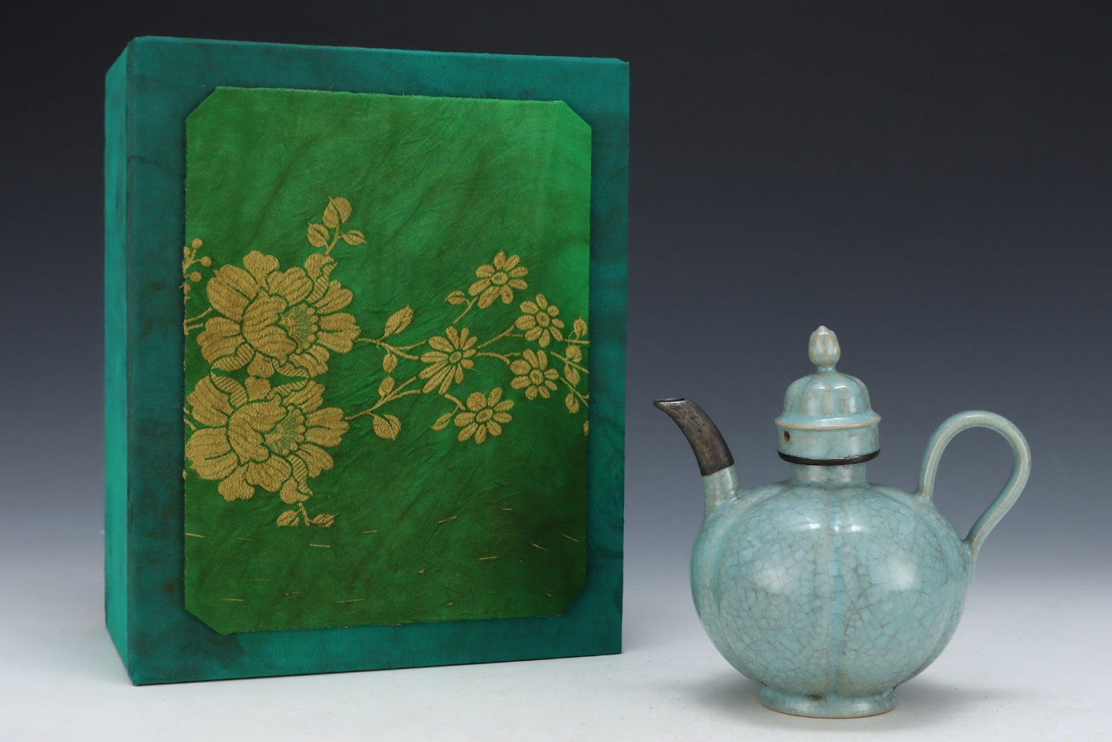 An Exquisite Ru yao Sky Blue Glazed Inlaid Silver Ewer: An Exquisite Ru yao Sky Blue Glazed Inlaid Silver Ewer,Song Dynasty,China,Royal Court Mark,Size:6.3inx6.3in