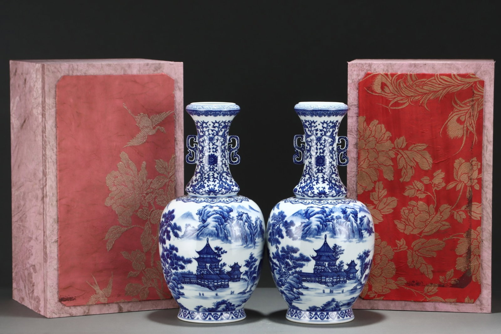 A Pair of Huge Blue and White Landscape and Figure Pattern Double-Ears Vases: A Pair of Huge Blue and White Landscape and Figure Pattern Double-Ears Vases,Qing Dynasty,China,Yongzheng Six-character Mark,Size:15.9inx7.9in 一对青花山水人&