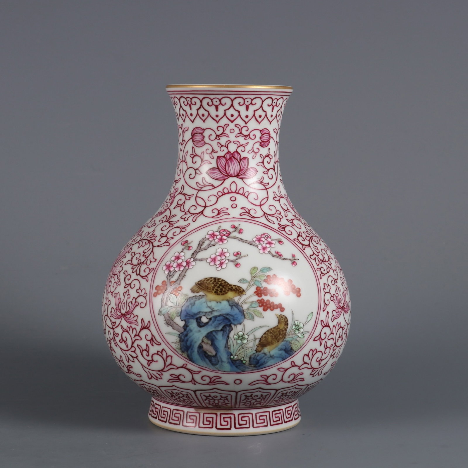 An Exquisite Ruby Red-Glazed Famille-Rose Flower and Bird Pattern Vase: An Exquisite Ruby Red-Glazed Famille-Rose Flower and Bird Pattern Vase,Qing Dynasty,China,Qianlong Four-character Mark,Size:7inx4.9in 胭脂红粉彩花鸟纹&#