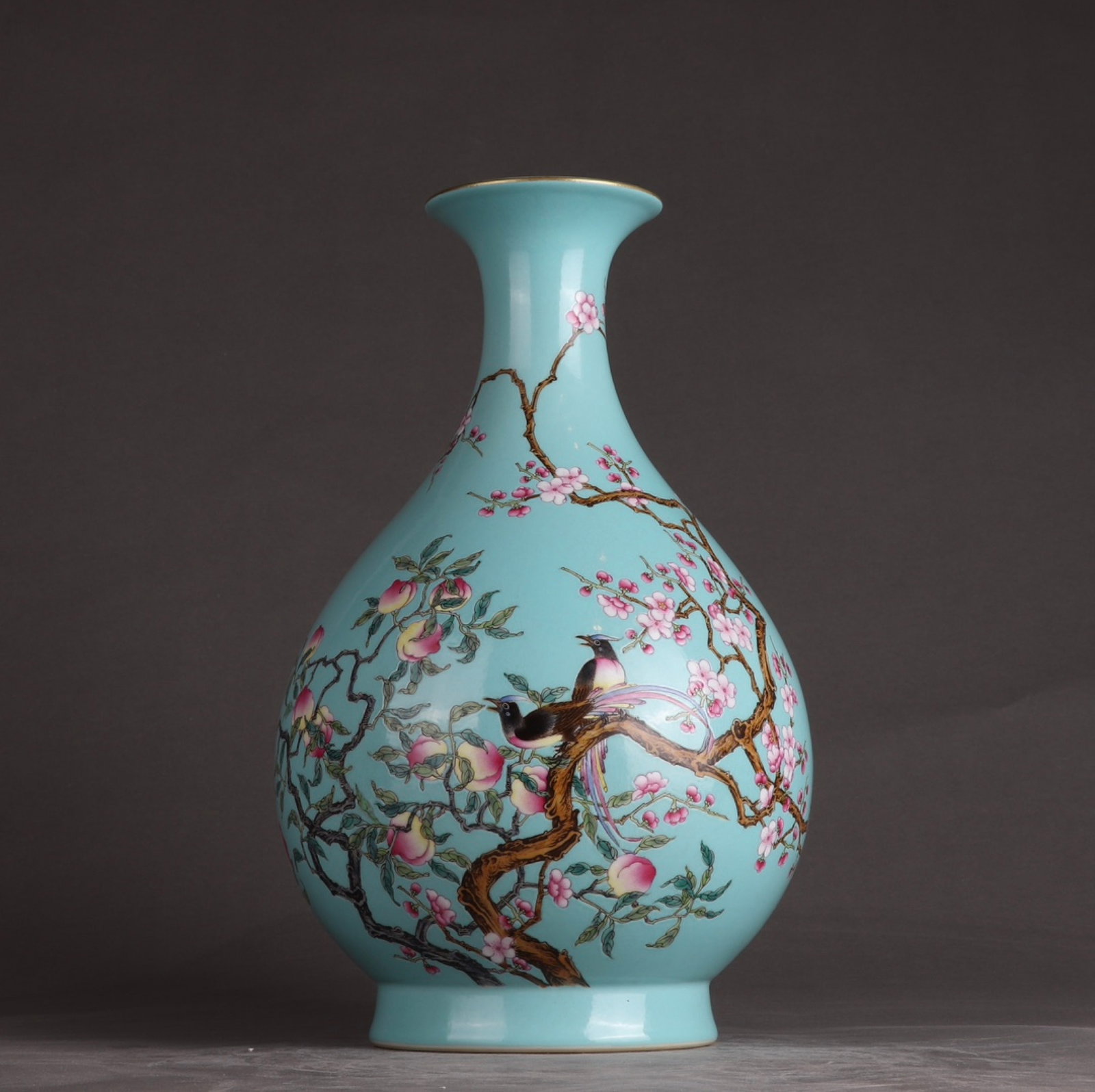 A Rare Turquoise Glazed Enamel Flower and Bird Pattern Vase,with poem: A Rare Turquoise Glazed Enamel Flower and Bird Pattern Vase,with poem,Qing Dynasty,China,Yongzheng Six-character Mark,Size:12.1inx7.9in 松石绿釉珐琅彩花