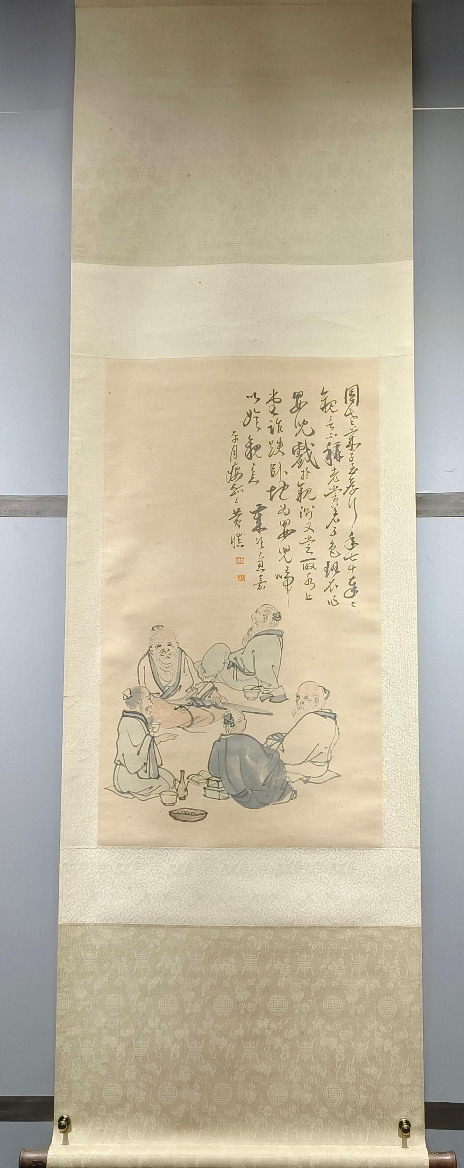A Chinese Vertical Scroll Ink Painting of Character and Story on Paper: A Chinese Vertical Scroll Ink Painting of Character and Story on Paper,Huang Shen,Size:18.9inx33.1in 一幅中国水墨人物故事画立