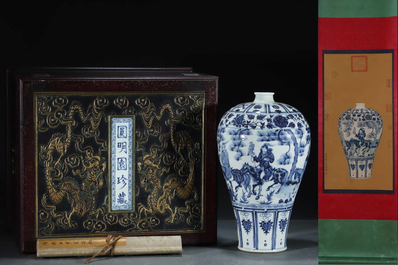 A Huge Blue and White Character and Story Pattern Vase,with Chinese Vertical Scroll Ink Painting on: A Huge Blue and White Character and Story Pattern Vase,with Chinese Vertical Scroll Ink Painting on Silk,Yuan Dynasty,China,Size:(Porcelain)17.1inx10in,(Without frame)25.2inx12.6in