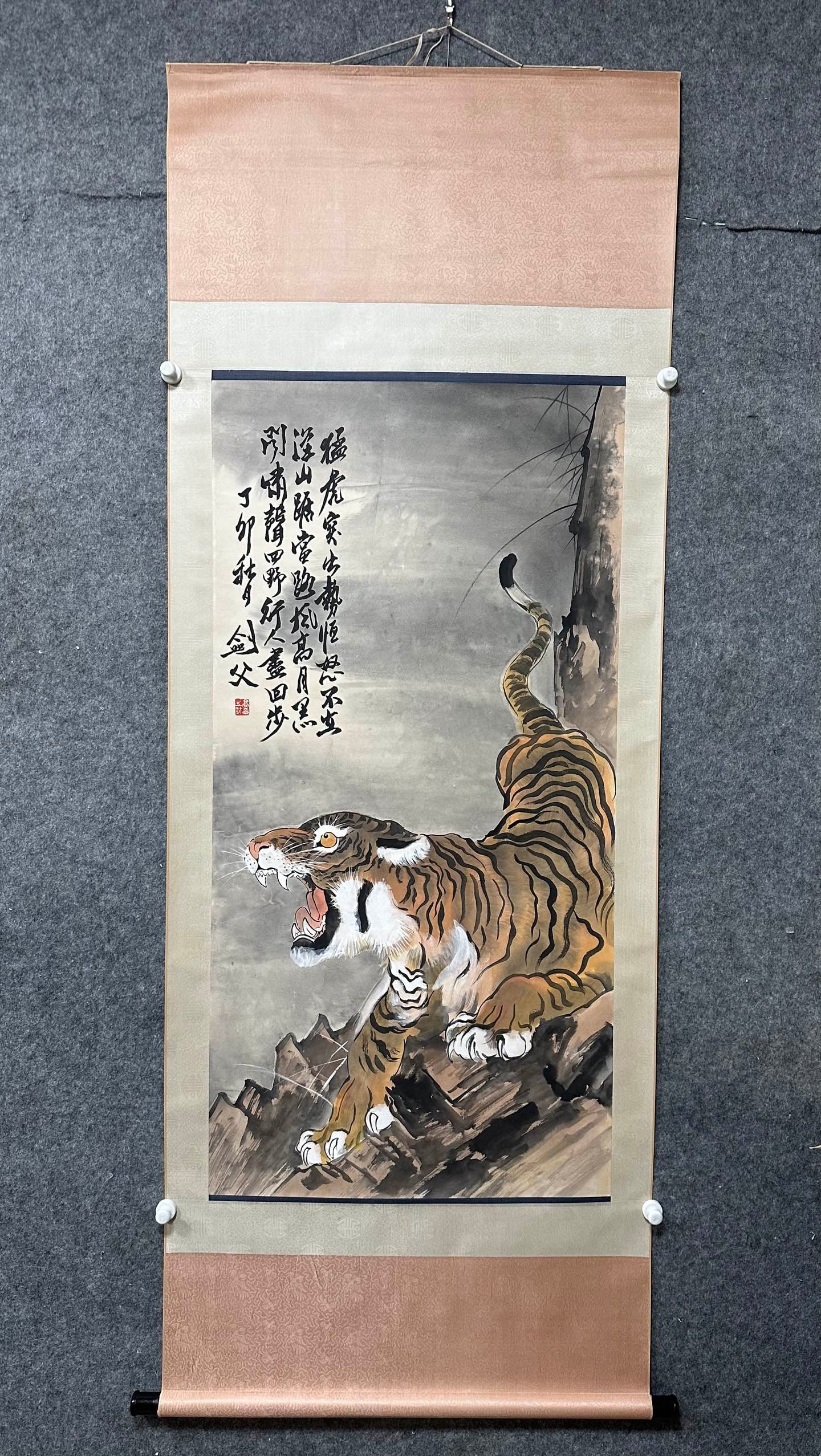 A Chinese Vertical Scroll Ink Painting of Tiger on Paper,Gao Jianfu: A Chinese Vertical Scroll Ink Painting of Tiger on Paper,Gao Jianfu,Size:(Without frame)26.8inx53.3in 一幅中国水墨老虎图立轴,高&