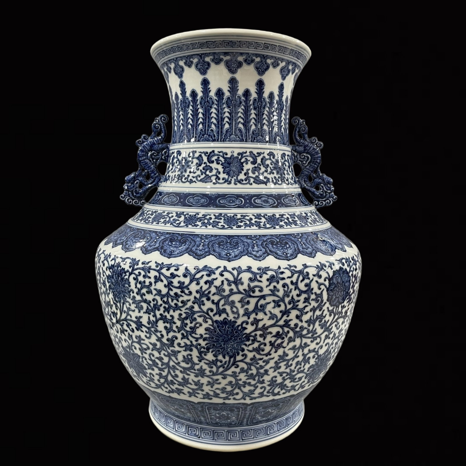 A Huge Blue and White Lotus Pattern Double-Ears Vase: A Huge Blue and White Lotus Pattern Double-Ears Vase,Qing Dynasty,China,Qianlong Six-character Mark,Size:22.2inx15.7in 青花缠枝莲纹双耳瓶,中