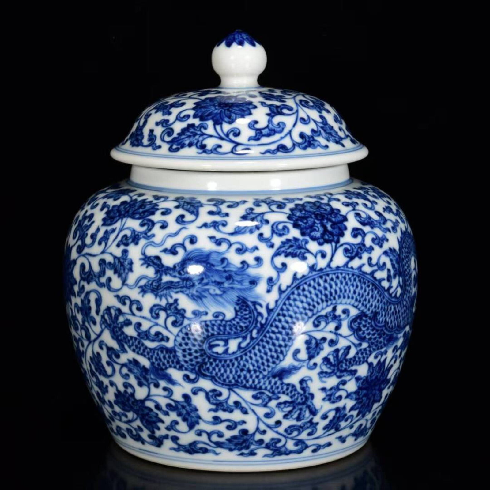 An Exquisite Blue and White Lotus and Dragon Pattern Jar with Cover: An Exquisite Blue and White Lotus and Dragon Pattern Jar with Cover,Qing Dynasty,China,Qianlong Six-character Mark,Size:6.7inx5.5in 青花缠枝莲龙纹盖 