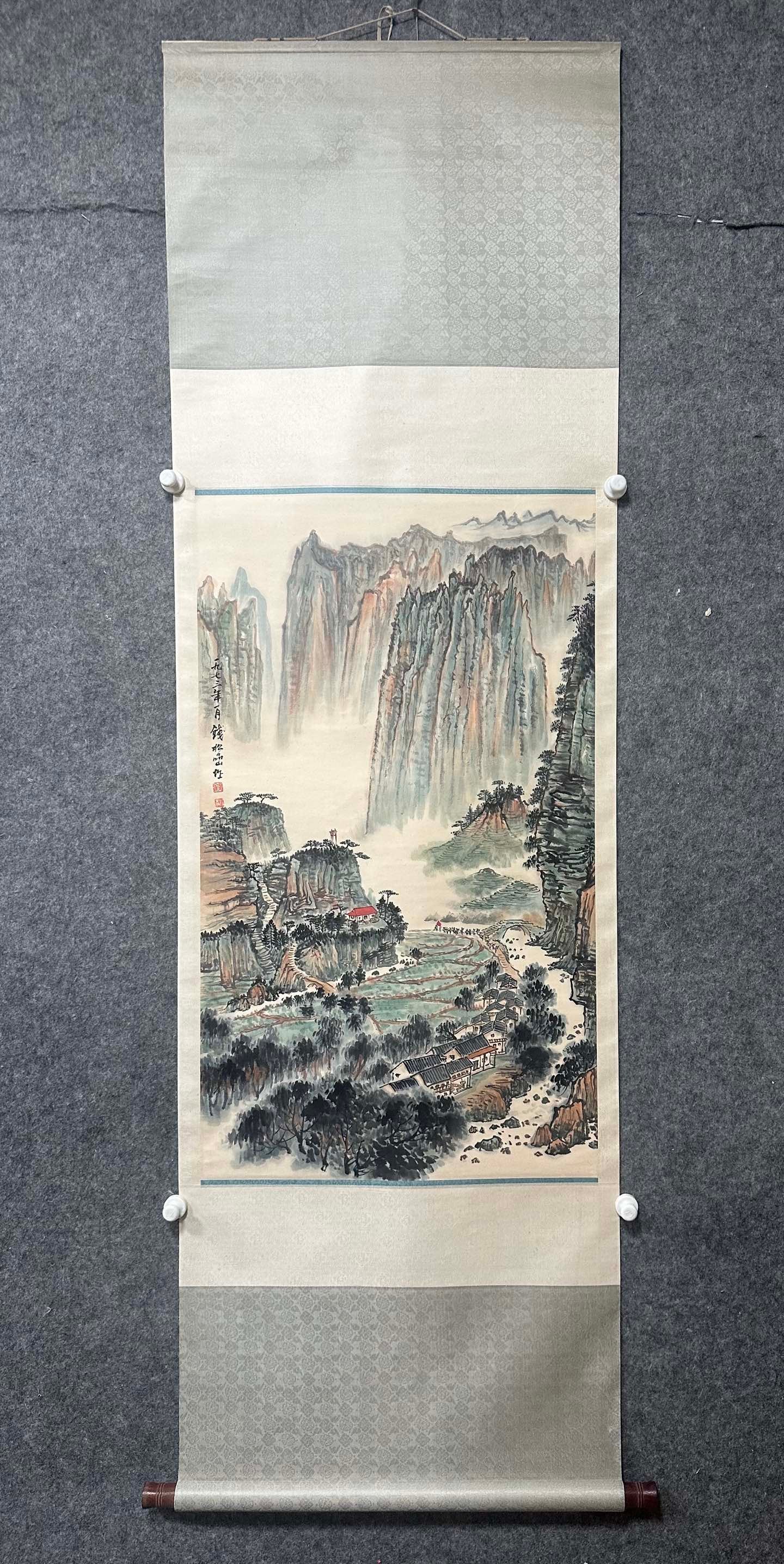 A Chinese Vertical Scroll Ink Painting of Landscape and Figure on Paper,Qian Songyan: A Chinese Vertical Scroll Ink Painting of Landscape and Figure on Paper,Qian Songyan,Size:(Without frame)23.2inx39.6in 一幅中国水墨山水人物&