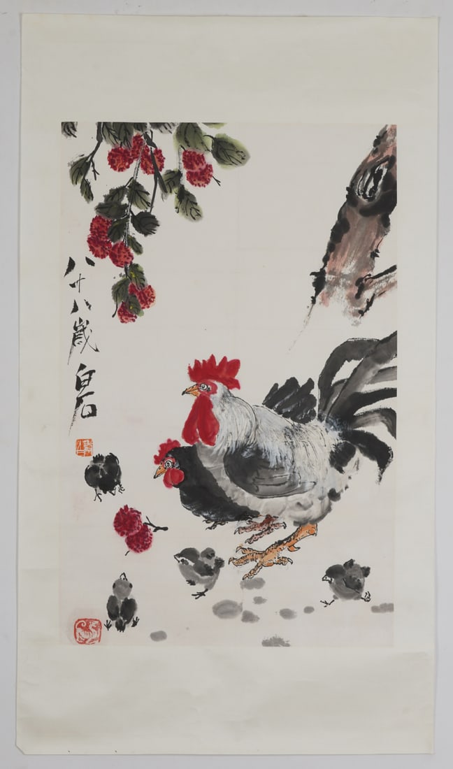 A Chinese Ink Painting of Flower and Rooster on Paper: A Chinese Ink Painting of Flower and Rooster on Paper,Qi Baishi,Size:18.9inx29.1in 一幅中国水墨花卉鸡画,齐白石