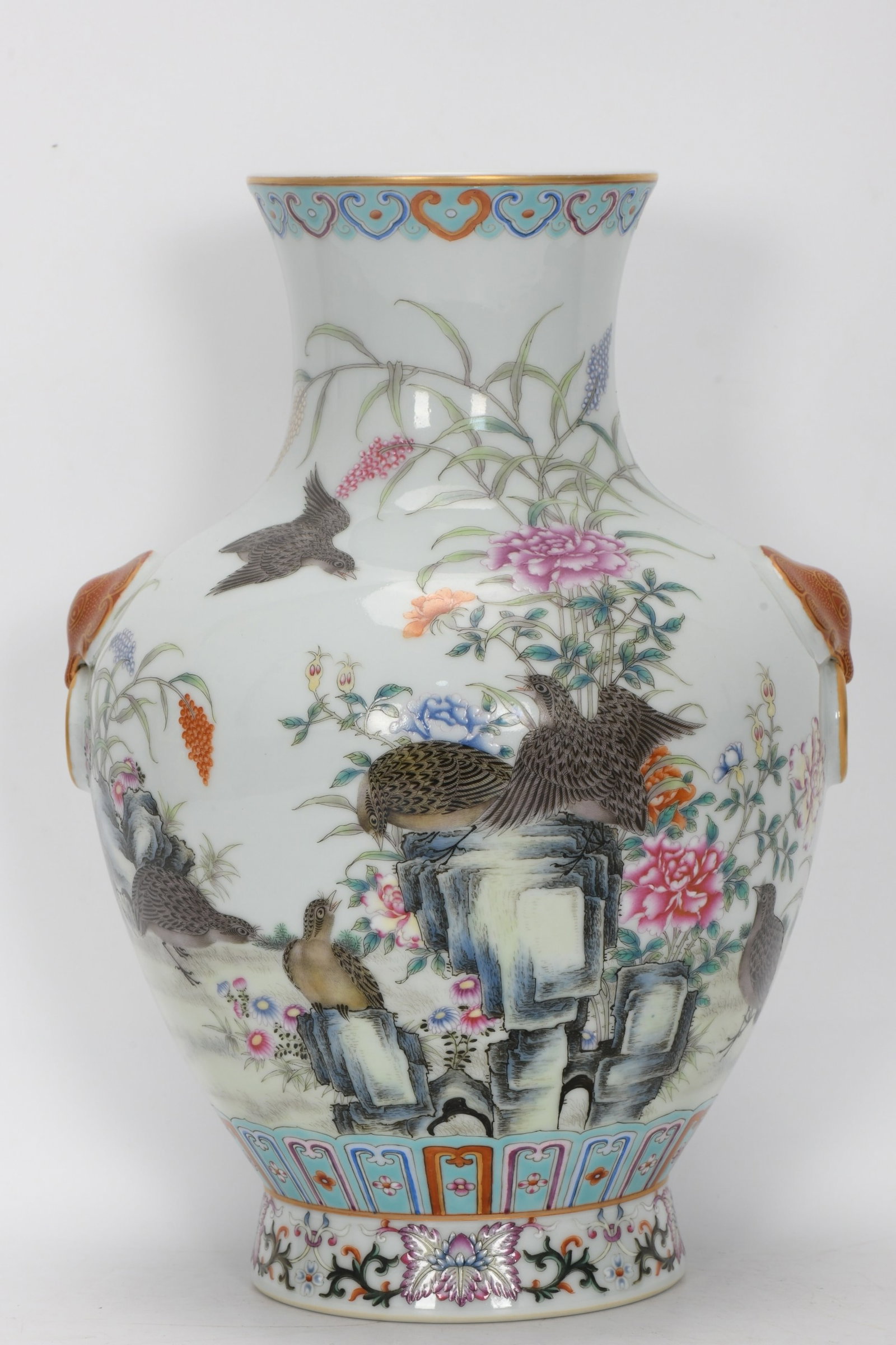 A Rare Enamel Flower and Bird Pattern Beast-Ears Vase,with poem: A Rare Enamel Flower and Bird Pattern Beast-Ears Vase,with poem,Qing Dynasty,China,Qianlong Six-character Mark,Size:12.2inx8.7in