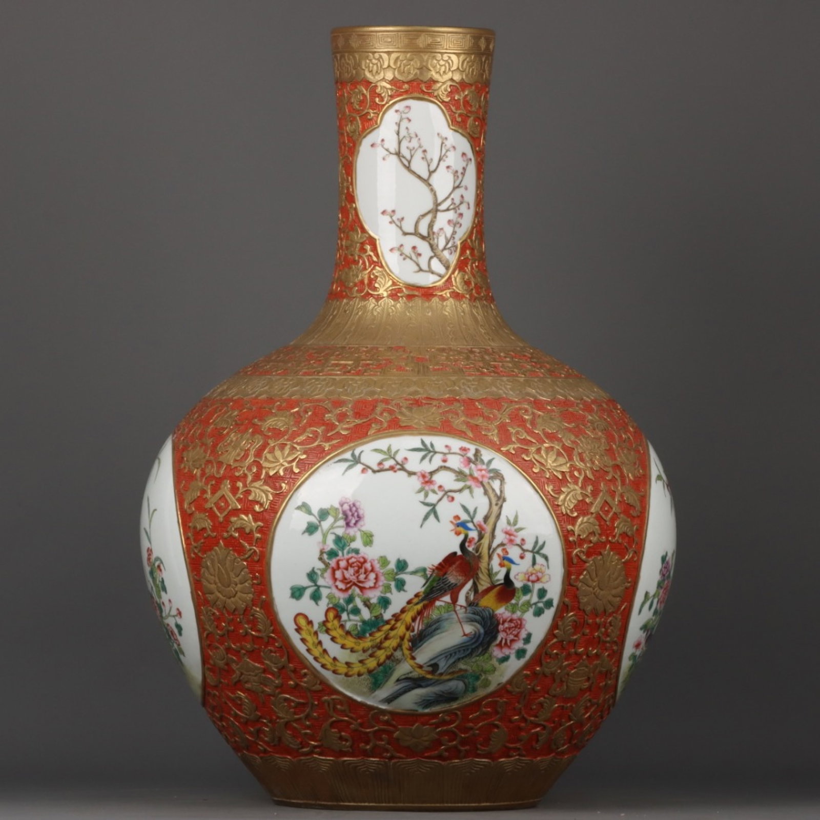 A Huge Enamel Gilt Flower and Phoenix Pattern Vase: A Huge Enamel Gilt Flower and Phoenix Pattern Vase,Qing Dynasty,China,Qianlong Six-character Mark,Size:22.4inx13.8in