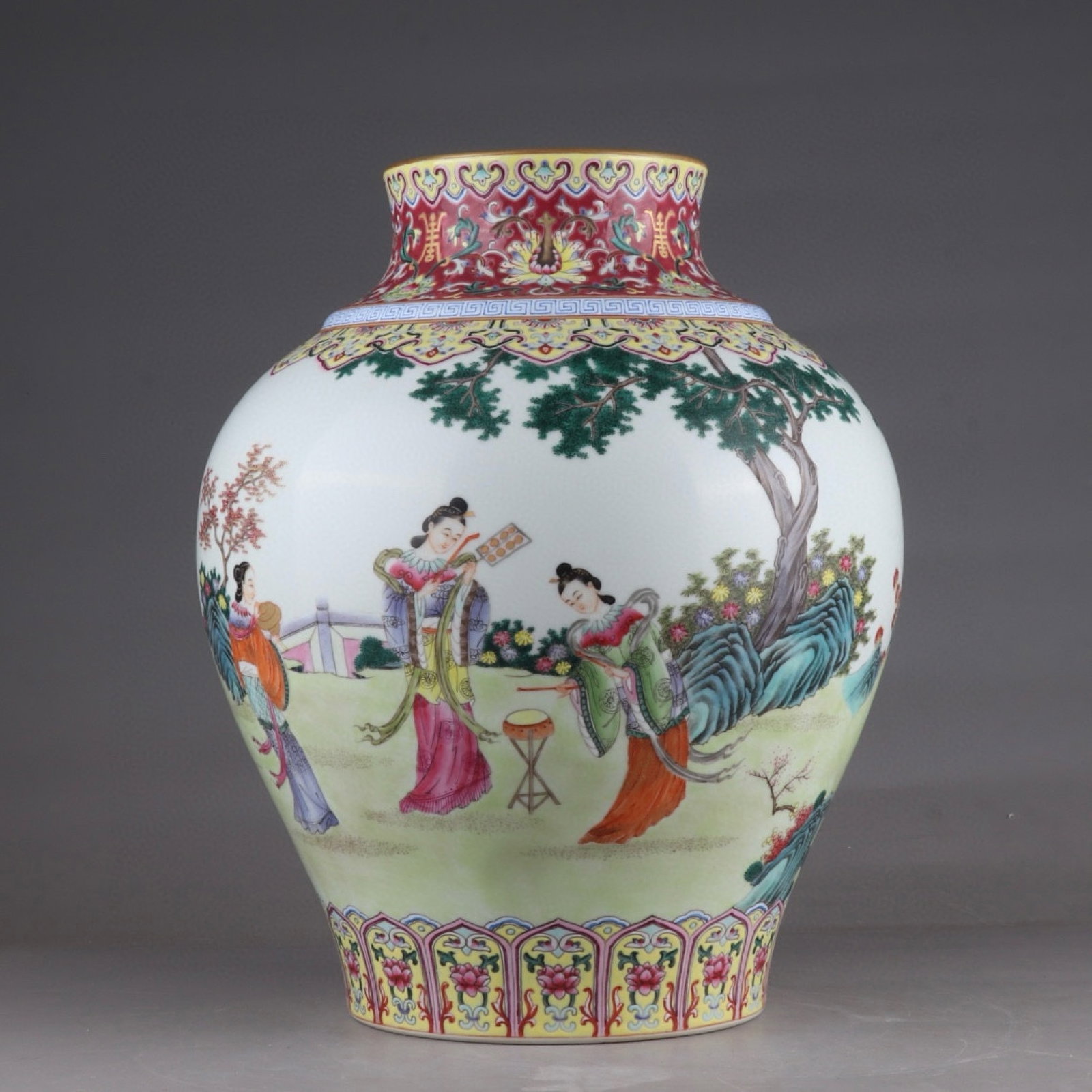A Rare Ruby Red-Glazed Famille-Rose Character and Story Pattern Jar: A Rare Ruby Red-Glazed Famille-Rose Character and Story Pattern Jar,Qing Dynasty,China,Jiaqing Six-character Mark,Size:13inx11in 胭脂红粉彩人物故事