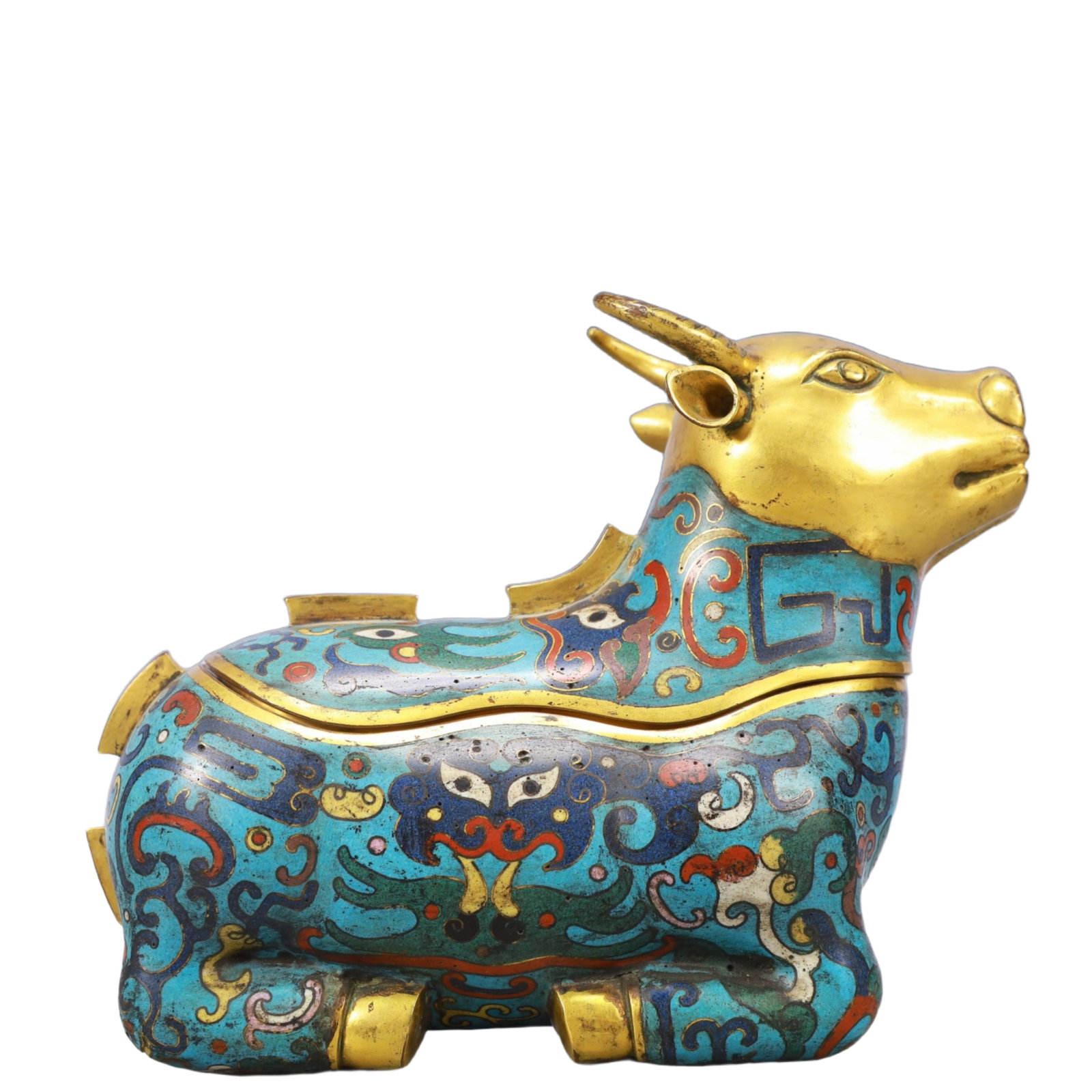 An Exquisite Cloisonne Beast-Face Pattern Buffalo-Shaped Censer: An Exquisite Cloisonne Beast-Face Pattern Buffalo-Shaped Censer,Qing Dynasty, China,Qianlong Four-character Mark,Size:8.3inx3.5inx6.7in,Weight:1250g 景泰蓝兽面纹