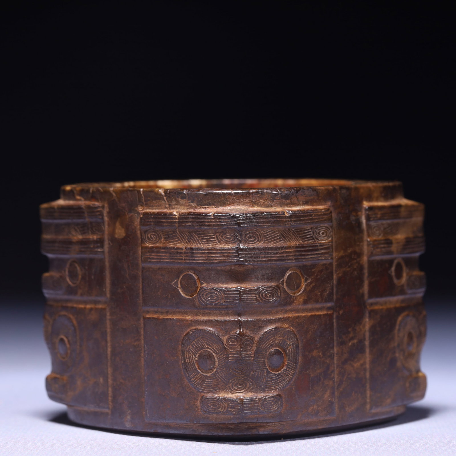 An Archaic Hongshan Culture Yellow Jade Beast-Face Pattern Jade Cong: An Archaic Hongshan Culture Yellow Jade Beast-Face Pattern Jade Cong,Ancient Time,China,Size:3.1inx2.4in,Weight:440g