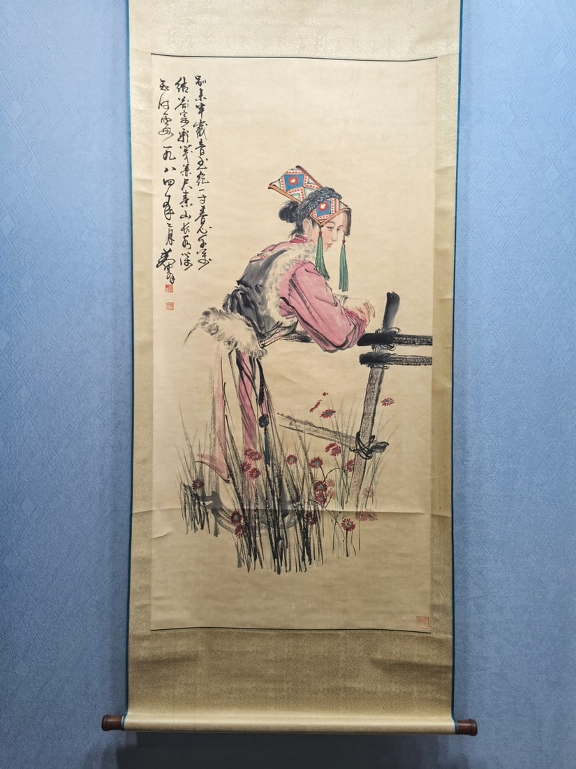 A Chinese Vertical Scroll Ink Painting of Figure on Paper,Huang Zhou: A Chinese Vertical Scroll Ink Painting of Figure on Paper,Huang Zhou,Size:26.8inx53.9in 一幅中国水墨人物画立轴,黄冑
