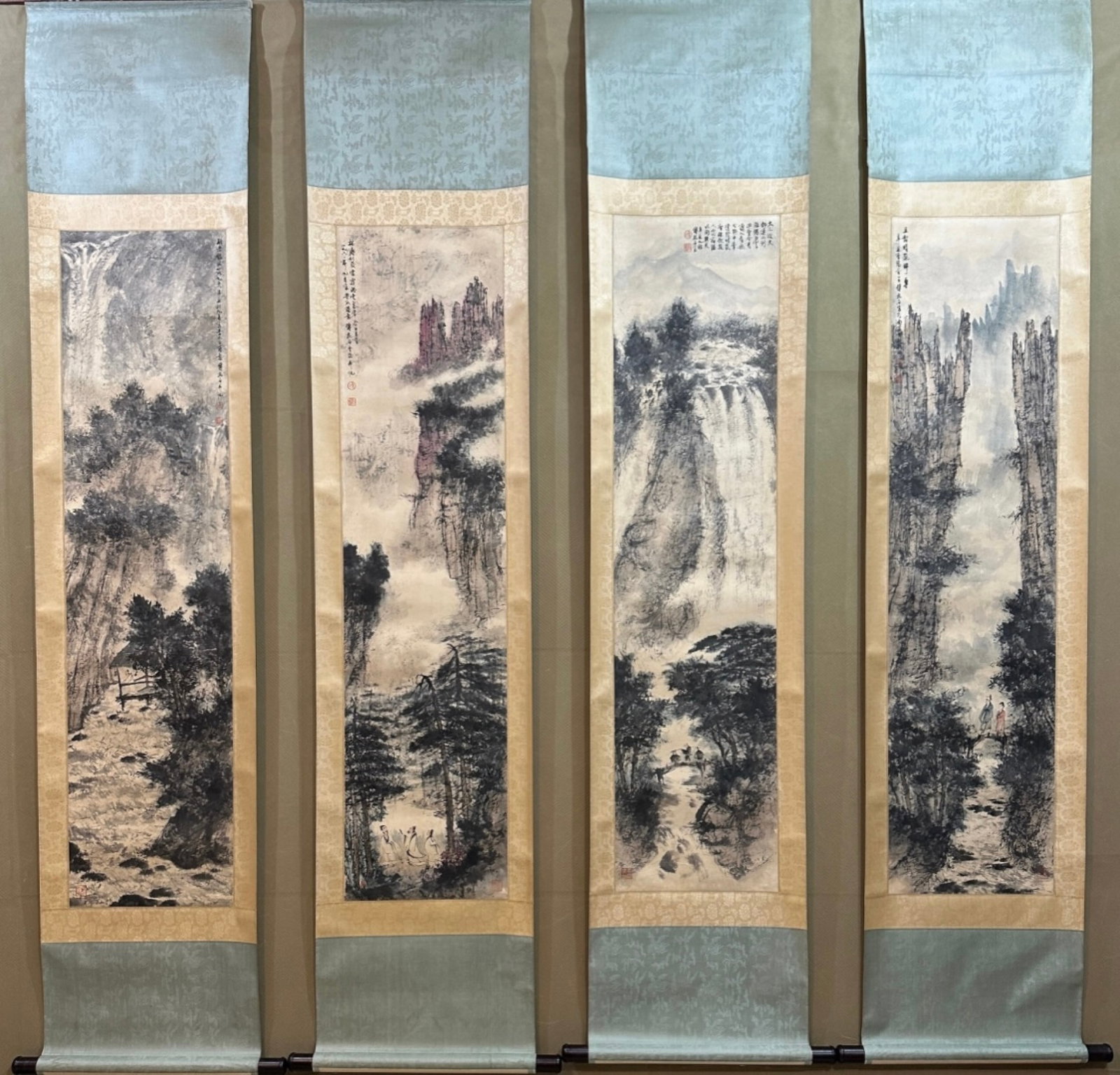 A Set of Chinese Vertical Scroll Ink Painting of Landscape and Figure on Paper: A Set of Chinese Vertical Scroll Ink Painting of Landscape and Figure on Paper,Fu Baoshi,Size:13.4inx54.7in 一套中国水墨山水人物画