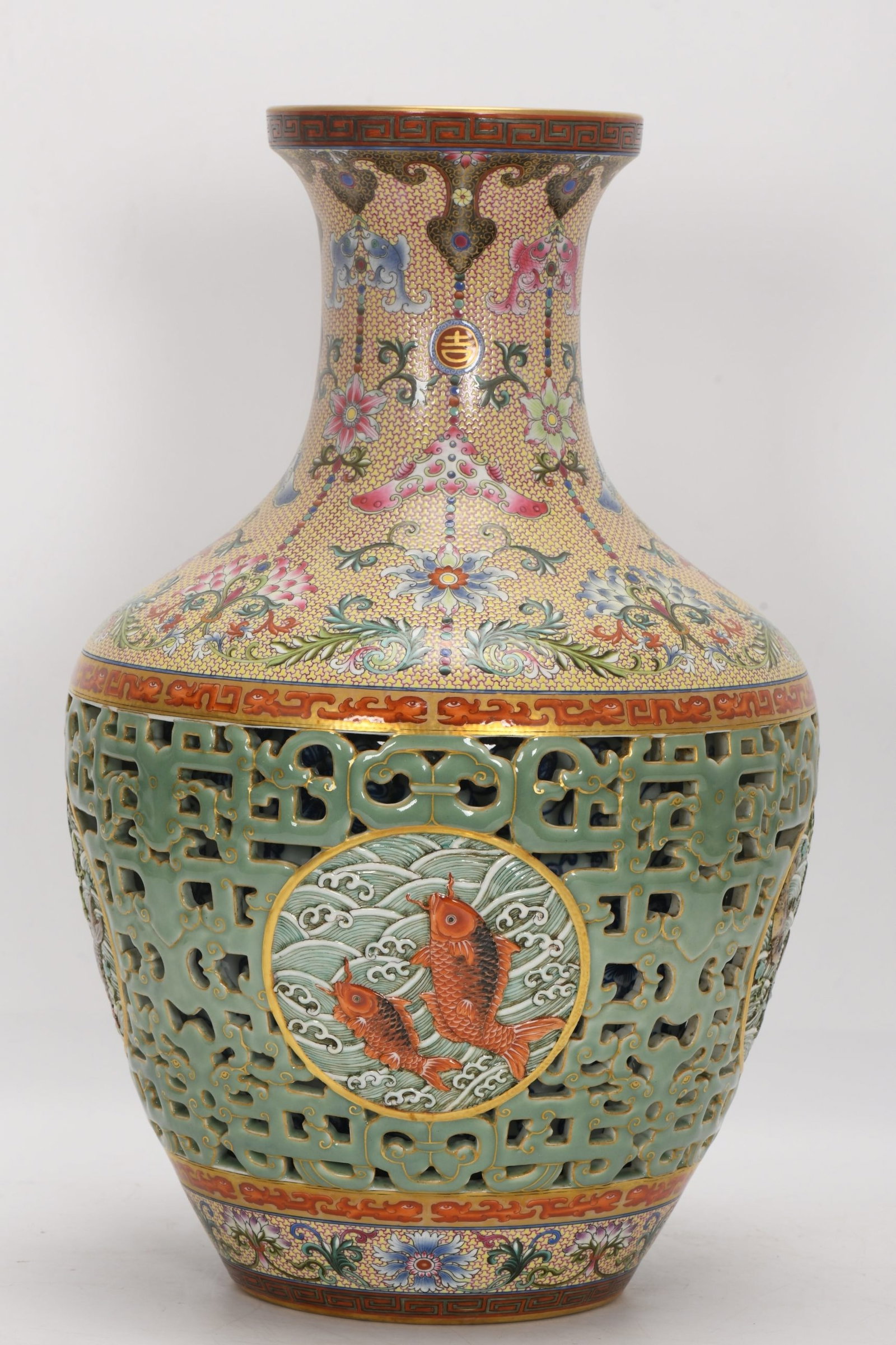 A Huge Enamel Celadon Glazed Painted Gold Lotus Pattern Vase: A Huge Enamel Celadon Glazed Painted Gold Lotus Pattern Vase,Qing Dynasty,China,Qianlong Six-character Mark,Size:16.3inx10in 珐琅彩青釉描金缠枝