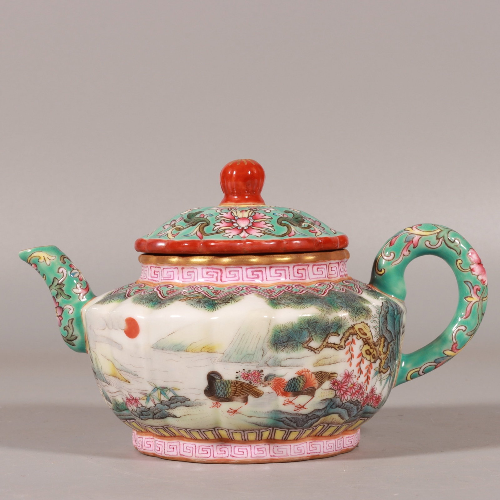 An Exquisite Green Ground Famille-Rose Flower and Mandarin Duck Pattern Teapot,with poem: An Exquisite Green Ground Famille-Rose Flower and Mandarin Duck Pattern Teapot,with poem,Qing Dynasty,China,Yongzheng Four-character Mark,Size:3.7inx3.9in 绿地粉彩花Õ