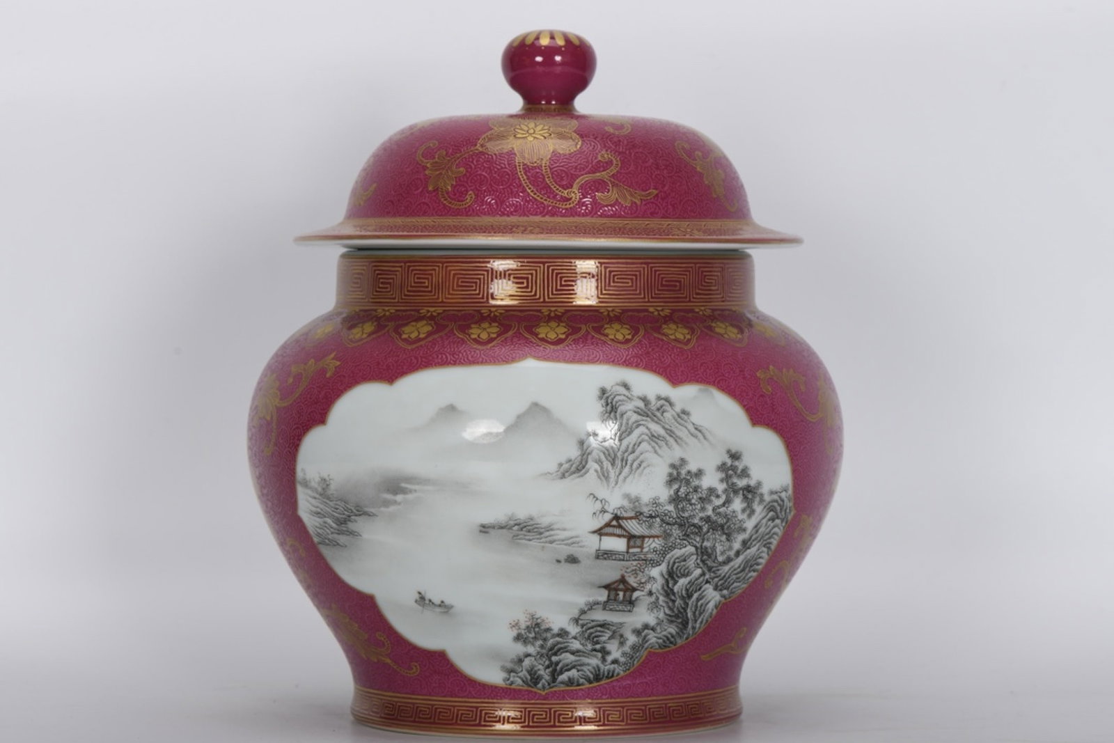 An Exquisite Enamel Ruby Red-Glazed Painted Gold Landscape Pattern Jar with Cover: An Exquisite Enamel Ruby Red-Glazed Painted Gold Landscape Pattern Jar with Cover,Qing Dynasty,China,Yongzheng Six-character Mark,Size:9.4inx7.9in 珐琅彩胭脂红ÿ