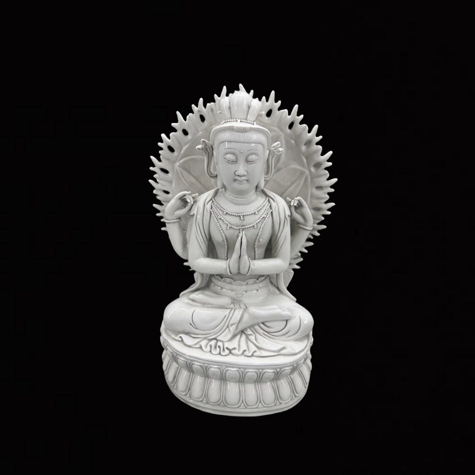 A Solemn Blance-De-Chine Statue of Four-Arms Avalokitesvara: A Solemn Blance-De-Chine Statue of Four-Arms Avalokitesvara,Ming Dynasty,China,He Chaozong Mark,Size:16.1in