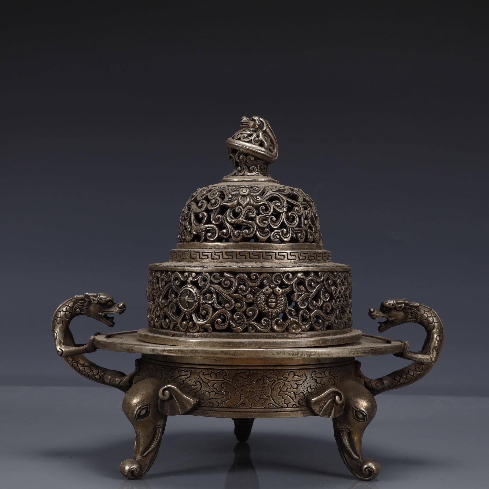 An Exquisite Silver-Plated Bronze Eight Treasures Pattern Dragon-Ears Elephant-legs Censer: An Exquisite Silver-Plated Bronze Eight Treasures Pattern Dragon-Ears Elephant-legs Censer,The Republic of China,Size:10.6inx7.9inx9.1in,Weight:2450g