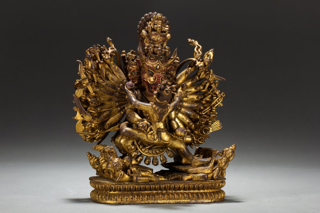 A Solemn Gilt Bronze Statue of Yamantaka: A Solemn Gilt Bronze Statue of Yamantaka,Qing Dynasty,China,Size:7.3inx4.3inx8.5in,Weight:3730g