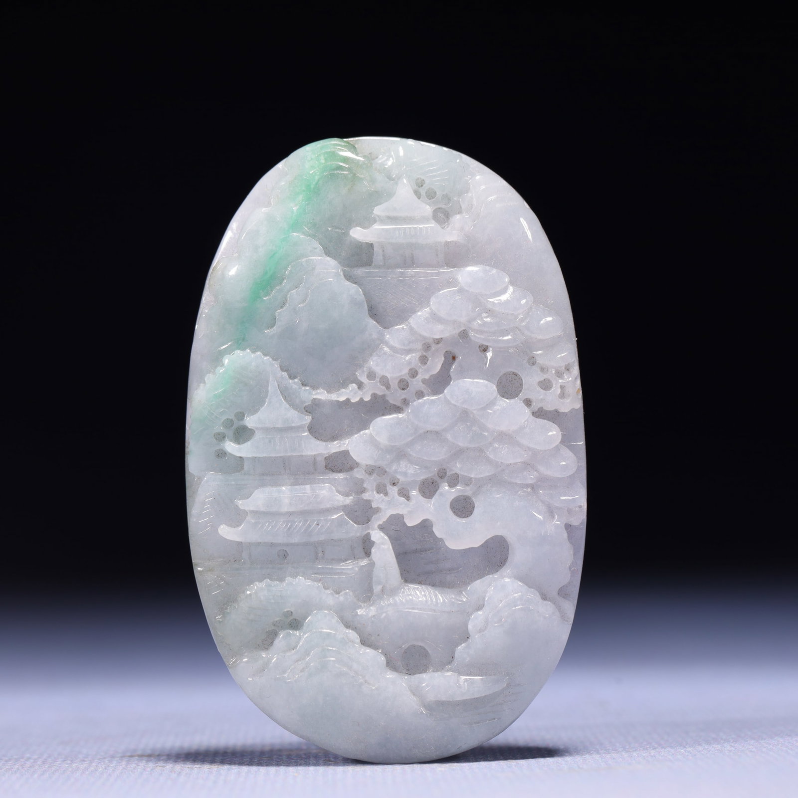 An Exquisite Jadeite Landscape and Figure Pattern Pendant: An Exquisite Jadeite Landscape and Figure Pattern Pendant,Qing Dynasty,China,Size:1.8inx0.4inx2.8in,Weight:96g 翡翠山水人物纹挂件,中国