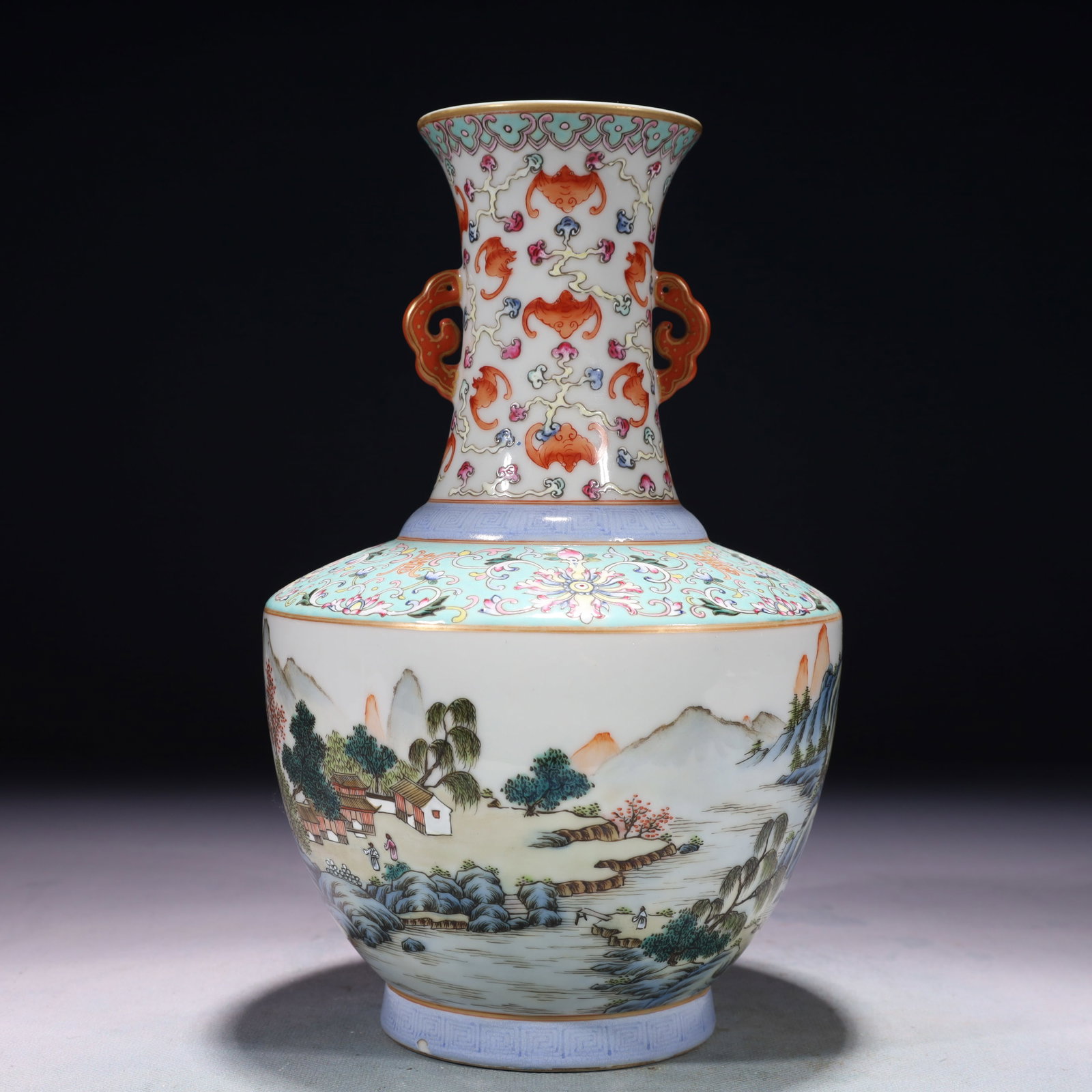 An Exquisite Enamel Painted Gold Landscape Pattern Double-Ears Vase: An Exquisite Enamel Painted Gold Landscape Pattern Double-Ears Vase,Qing Dynasty,China,Qianlong Six-character Mark,Size:5.9inx10.2in,Weight:1300g 珐琅彩描金山૒