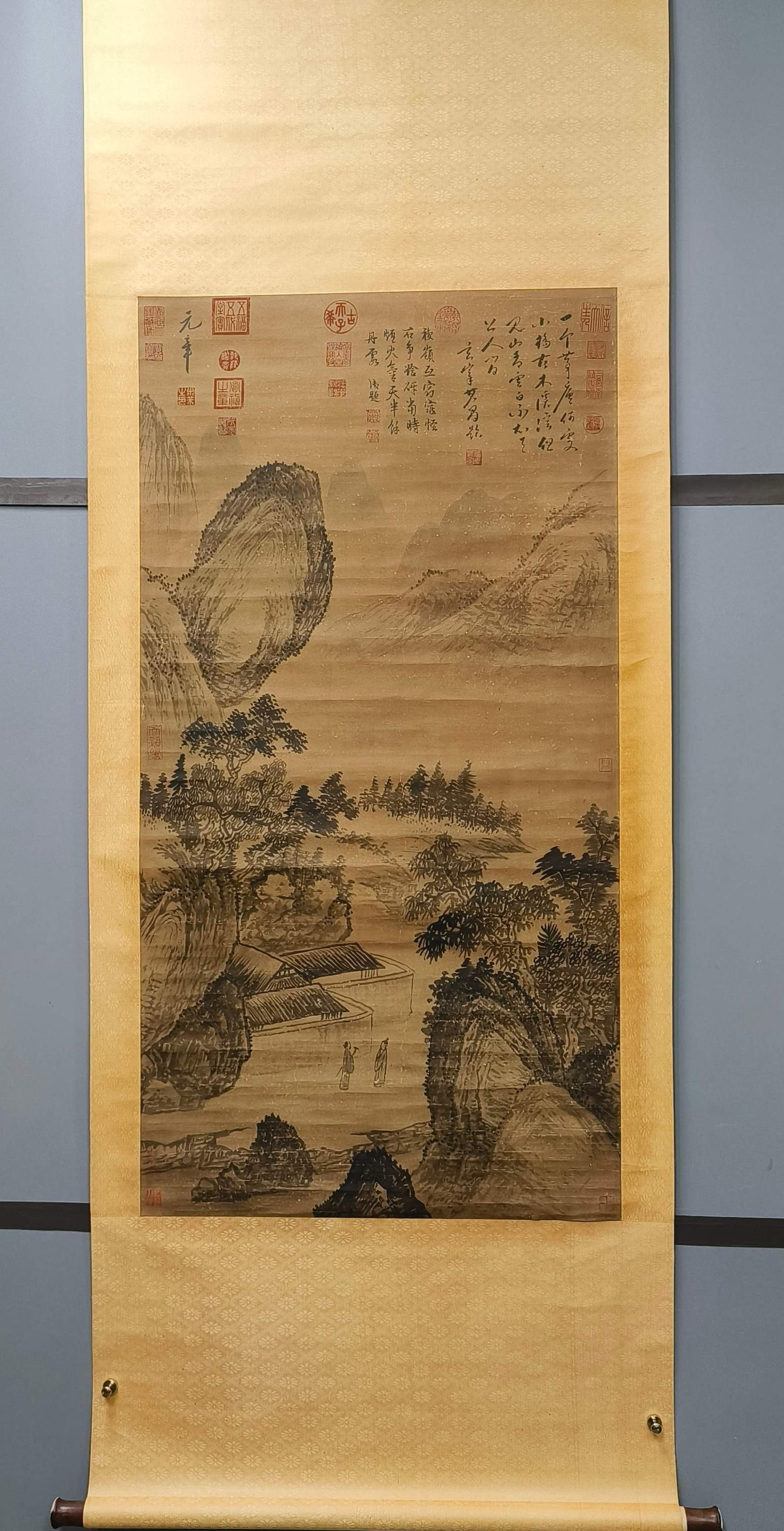 A Chinese Vertical Scroll Ink Painting of Landscape on Paper: A Chinese Vertical Scroll Ink Painting of Landscape on Paper,Mi Fu,Size:50inx25.6in 一幅中国水墨山水画立轴,米芾