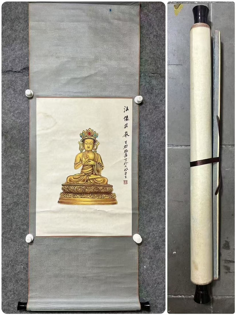 A Chinese Vertical Scroll Ink Painting of Buddha Statue on Paper,Zhang Daqian: A Chinese Vertical Scroll Ink Painting of Buddha Statue on Paper,Zhang Daqian,Size:(Without frame)16.3inx23.6in 一幅中国水墨佛像图立轴