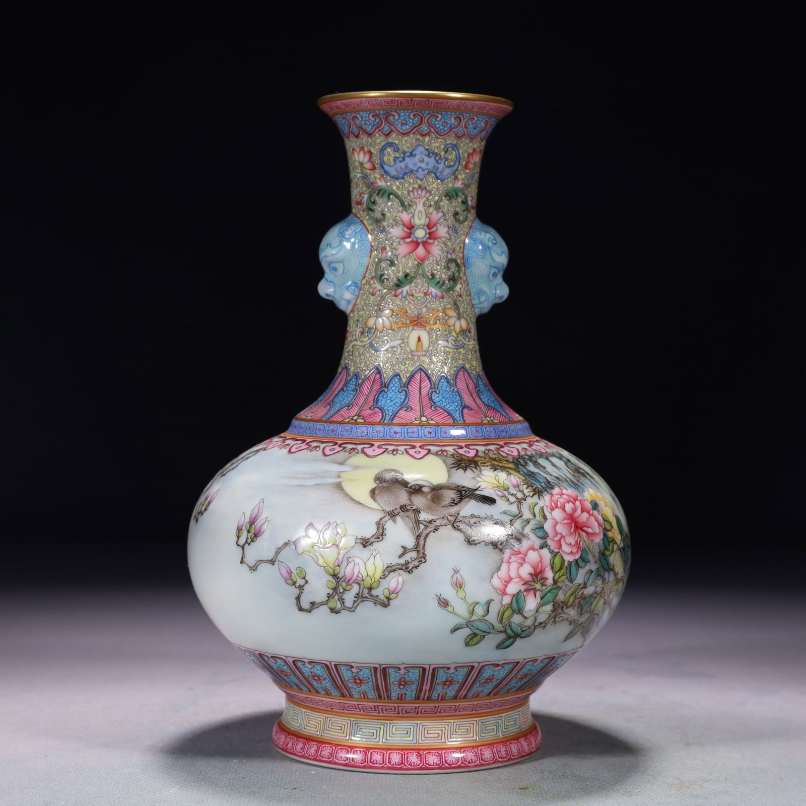 An Exquisite Famille-Rose Flower and Bird Pattern Beast-Ears Vase,with poem: An Exquisite Famille-Rose Flower and Bird Pattern Beast-Ears Vase,with poem,Qing Dynasty,China,Qianlong Six-character Mark,Size:4.7inx7.9in,Weight:800g