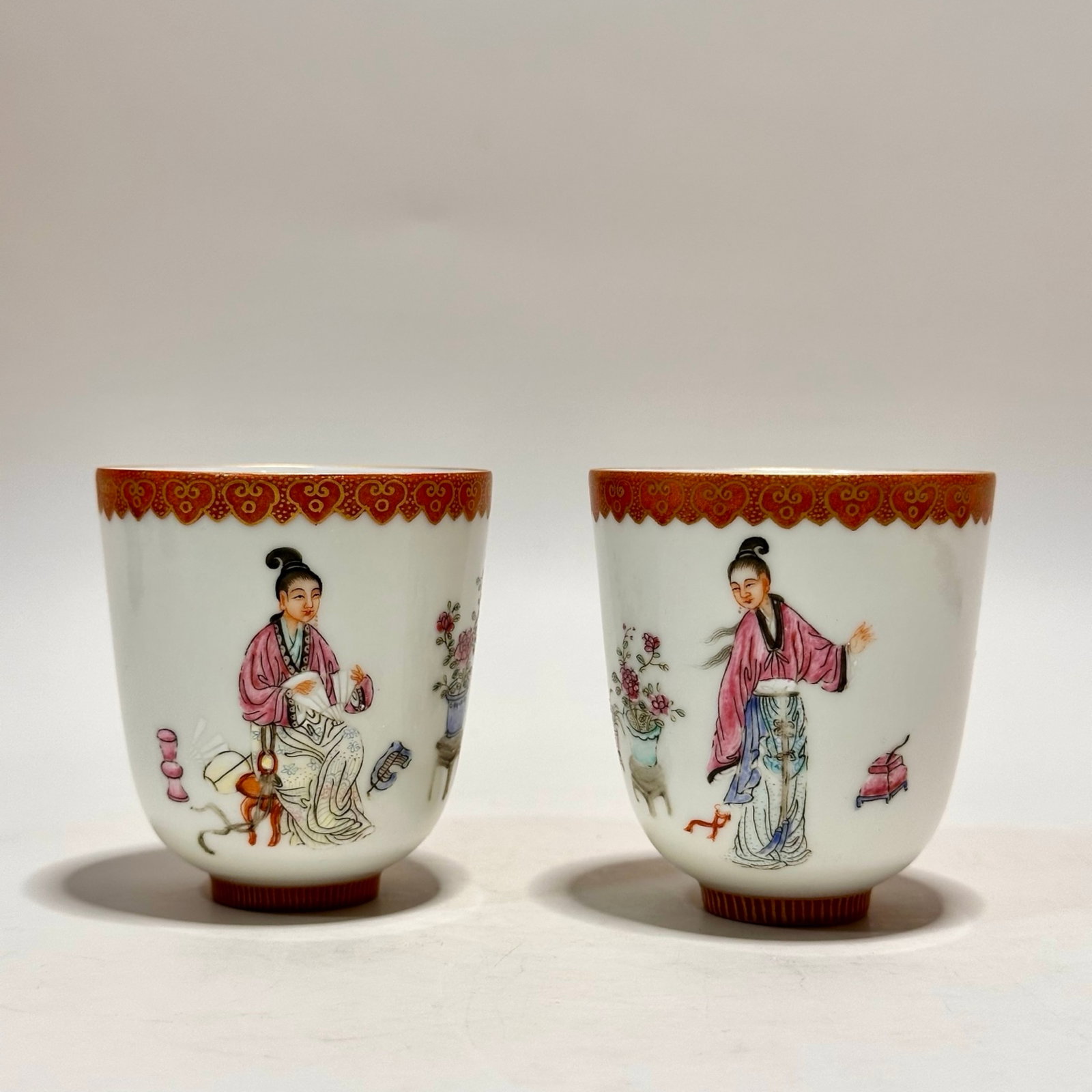A Pair of Exquisite Famille-Rose Character and Story Pattern Cups,with poem: A Pair of Exquisite Famille-Rose Character and Story Pattern Cups,with poem,Qing Dynasty,China,Qianlong Four-character Mark,Size:2.6inx2.4in