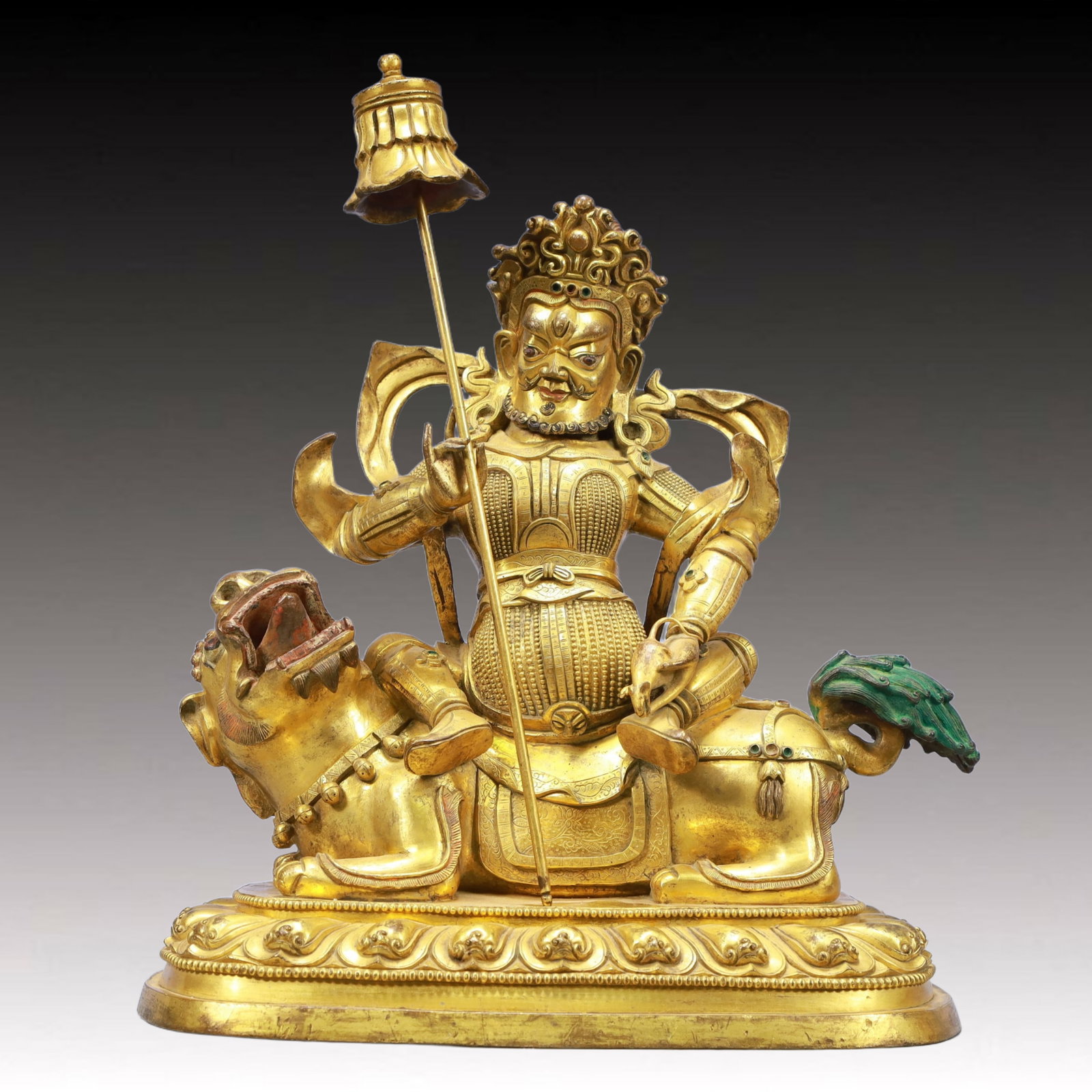 A Solemn Gilt Bronze Statue of Mammon Rides the Lion: A Solemn Gilt Bronze Statue of Mammon Rides the Lion,Ming Dynasty, China,Size:10.6inx5.9inx13.8in Weight:9050g 铜鎏金骑狮财神,中国明代