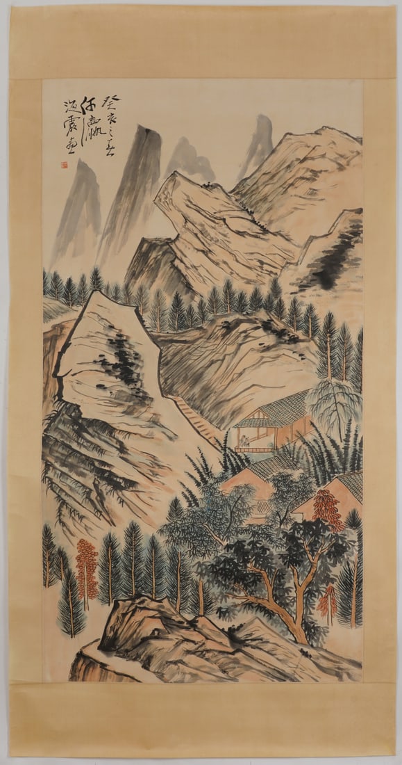 A Chinese Ink Painting of Landscape on Paper: A Chinese Ink Painting of Landscape on Paper,He Haixia,Size:69.7inx36.2in 一幅中国水墨山水画,何海霞